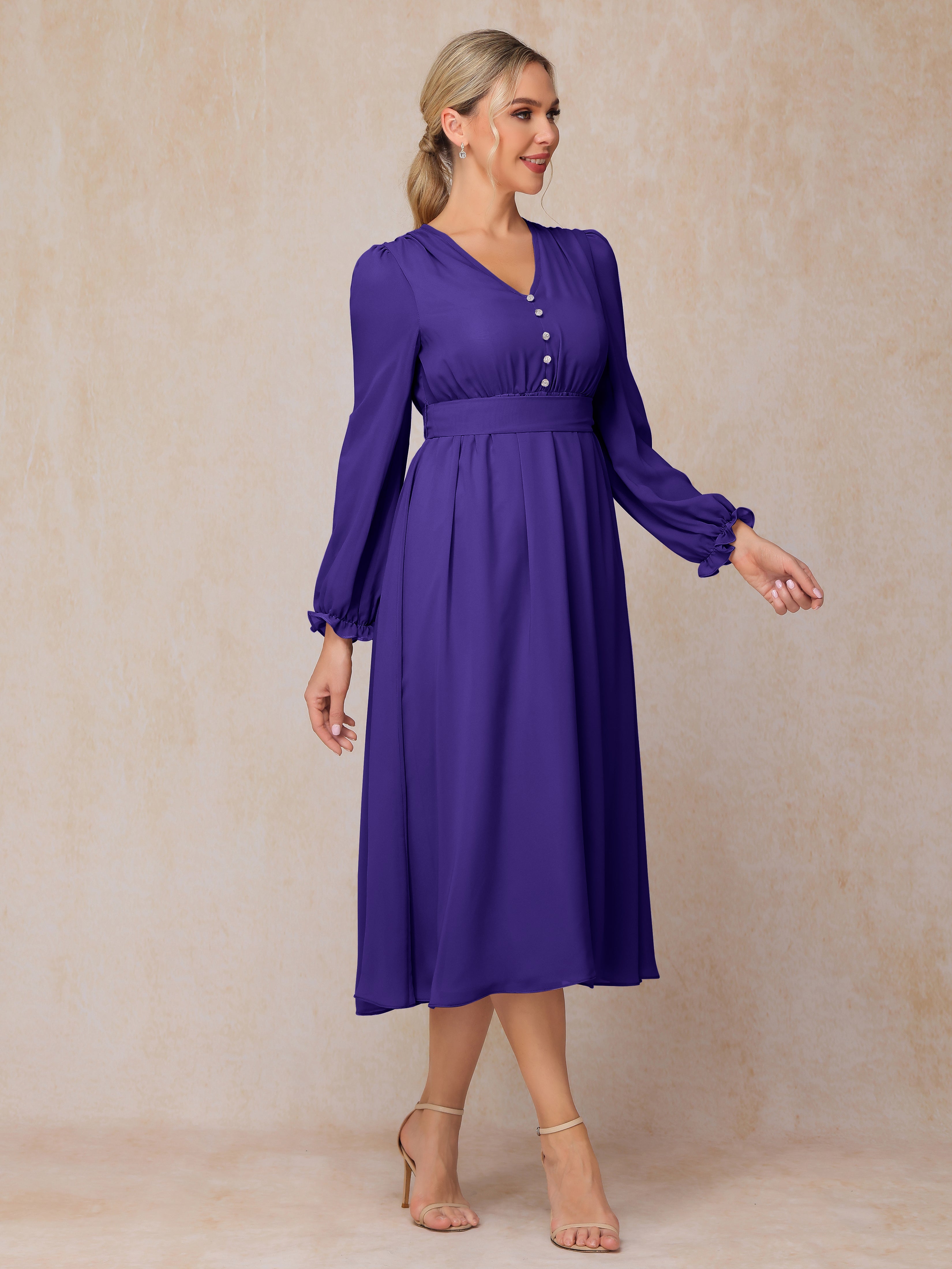 V Neck Long Sleeves Tea Length Chiffon Mother Of The  Groom Dress