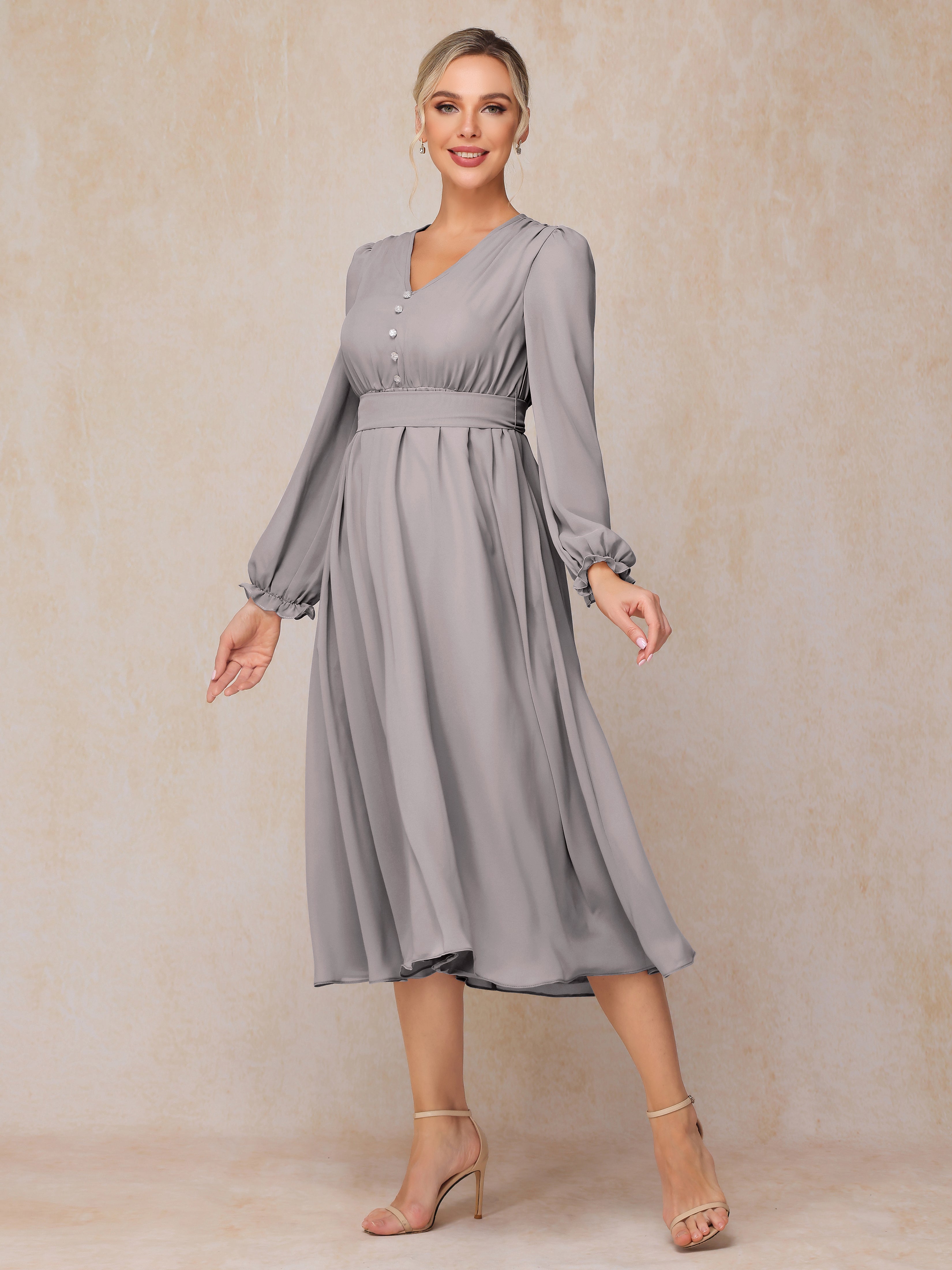 V Neck Long Sleeves Tea Length Chiffon Mother Of The  Groom Dress