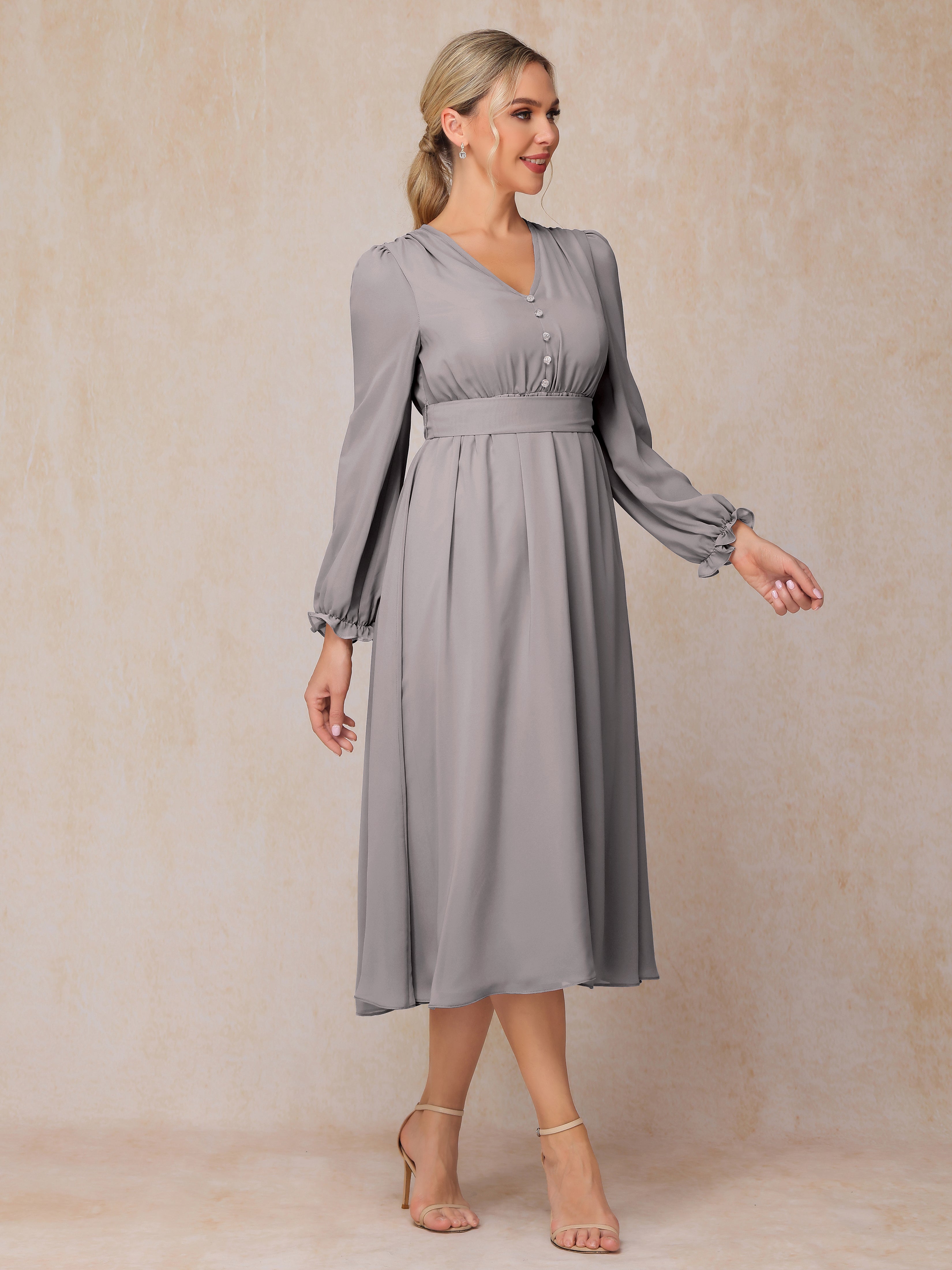 V Neck Long Sleeves Tea Length Chiffon Mother Of The  Groom Dress