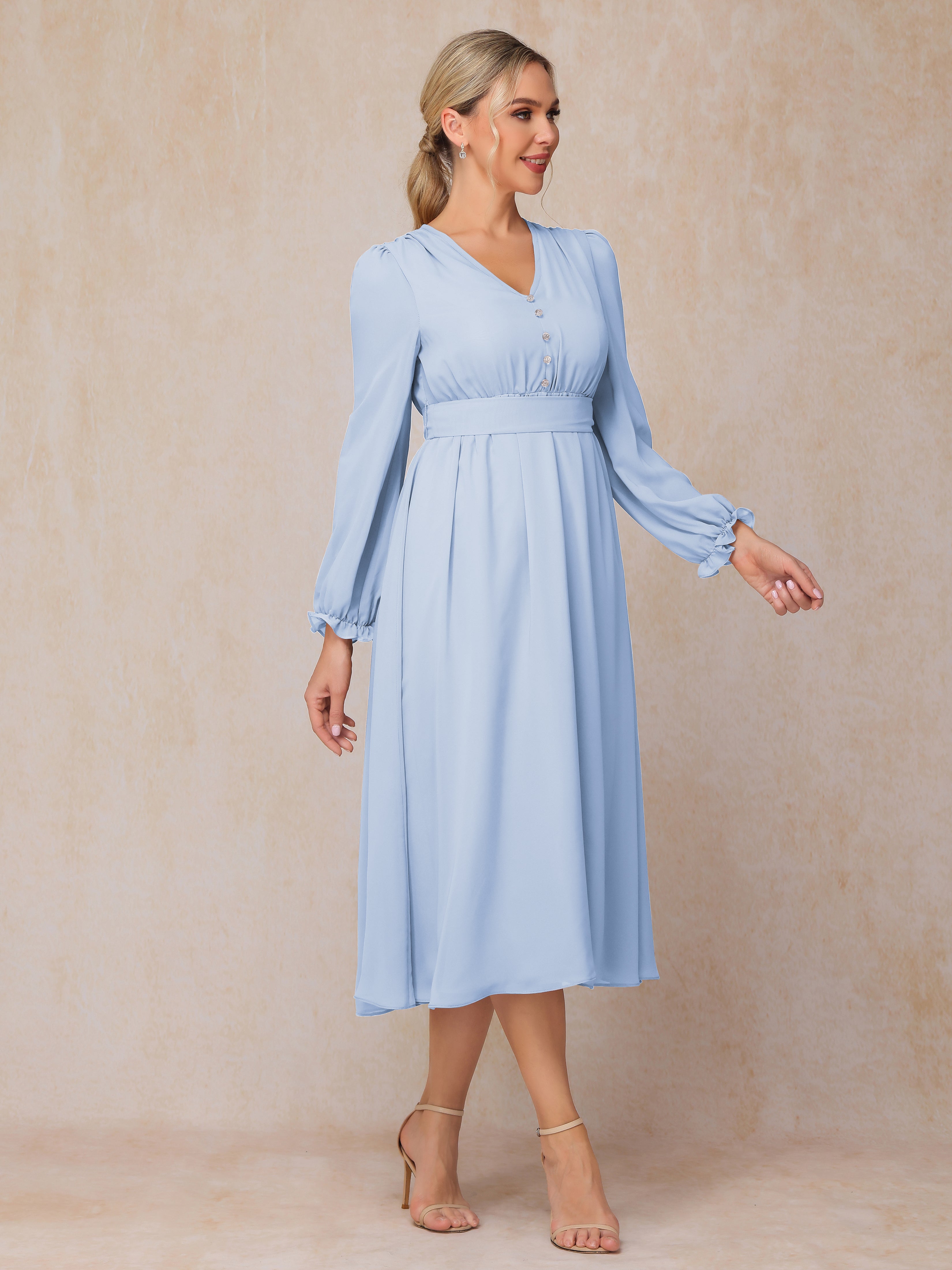 V Neck Long Sleeves Tea Length Chiffon Mother Of The  Groom Dress