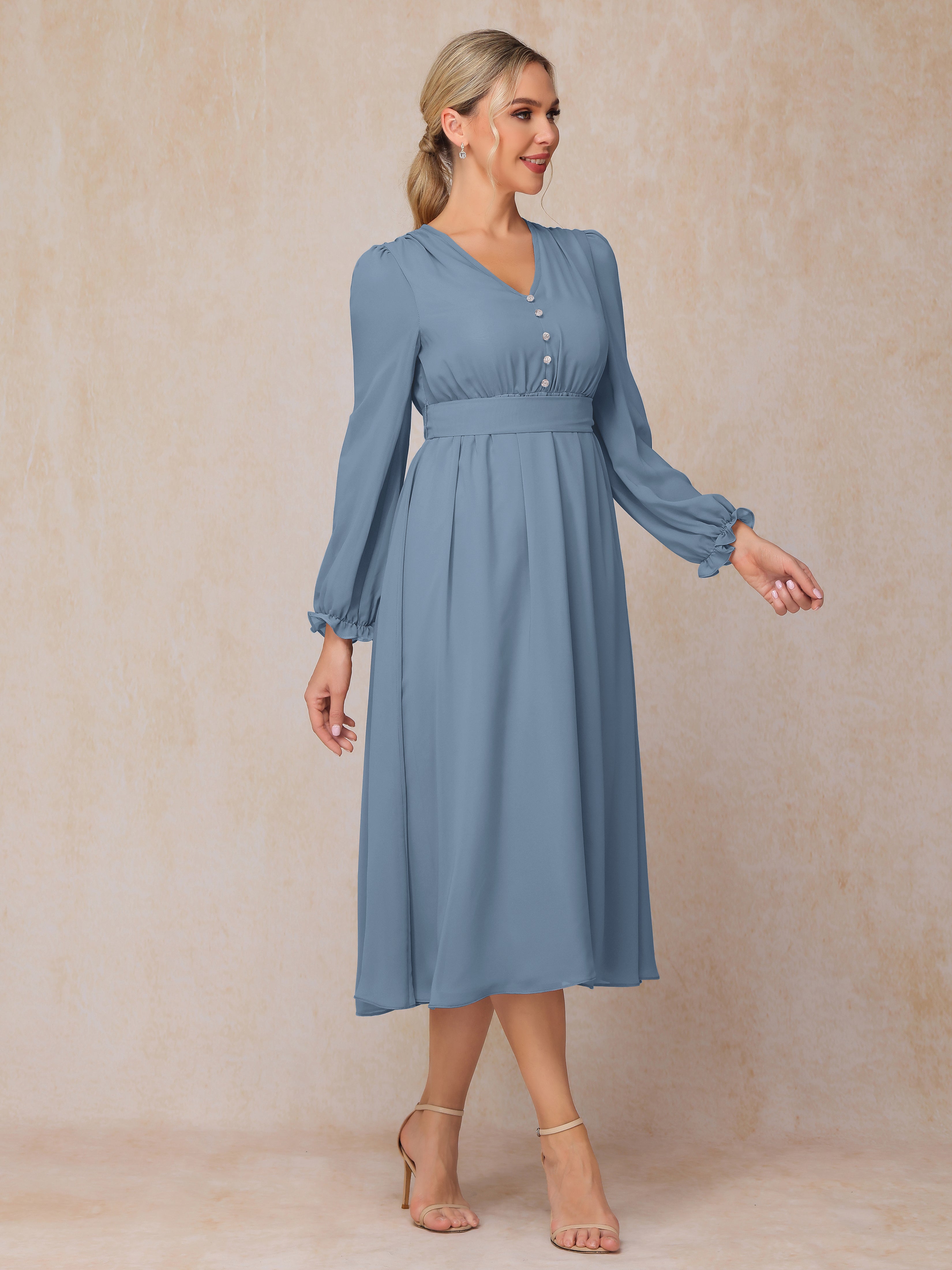 V Neck Long Sleeves Tea Length Chiffon Mother Of The  Groom Dress