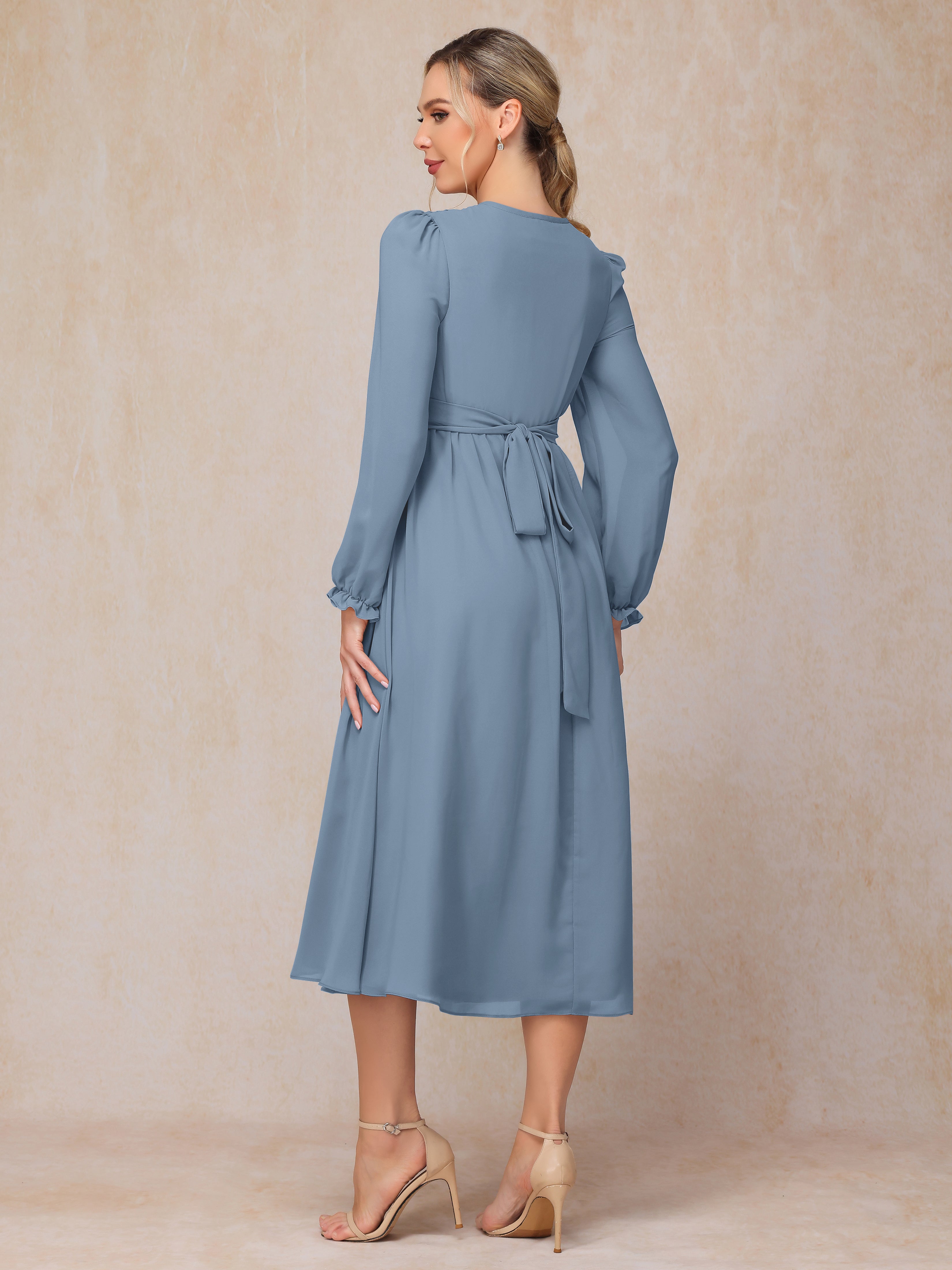 V Neck Long Sleeves Tea Length Chiffon Mother Of The  Groom Dress