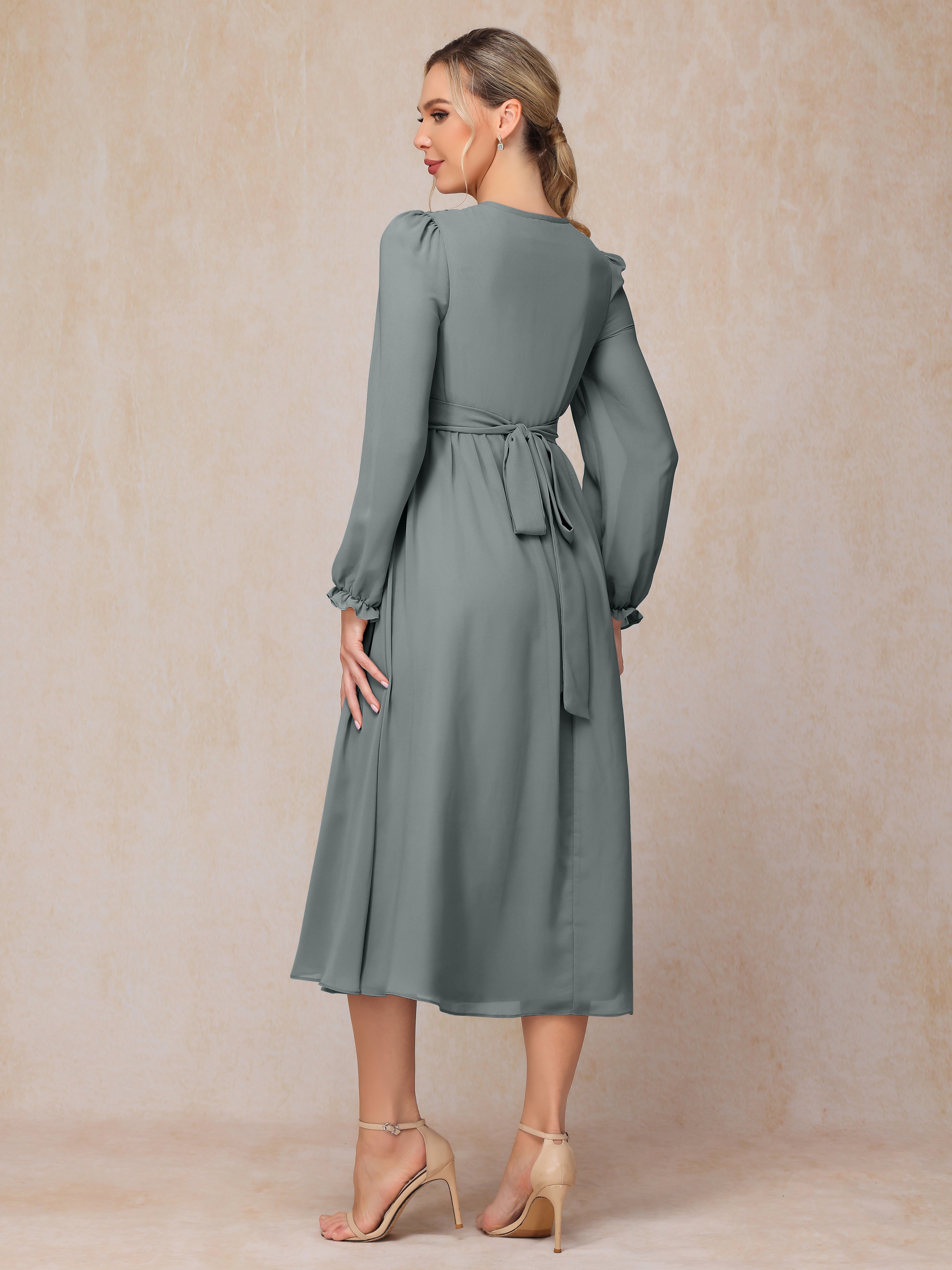 V Neck Long Sleeves Tea Length Chiffon Mother Of The  Groom Dress