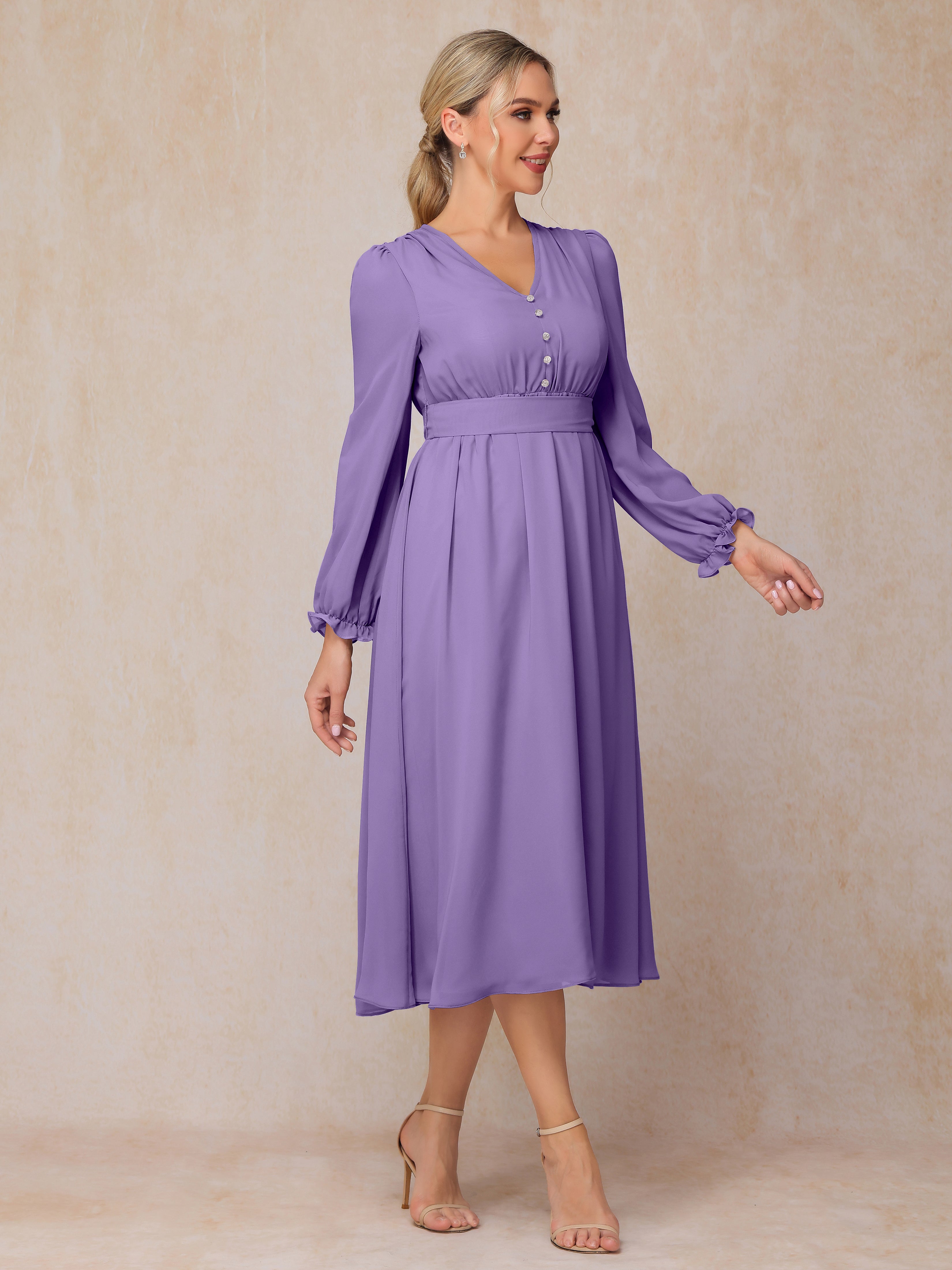 V Neck Long Sleeves Tea Length Chiffon Mother Of The  Groom Dress