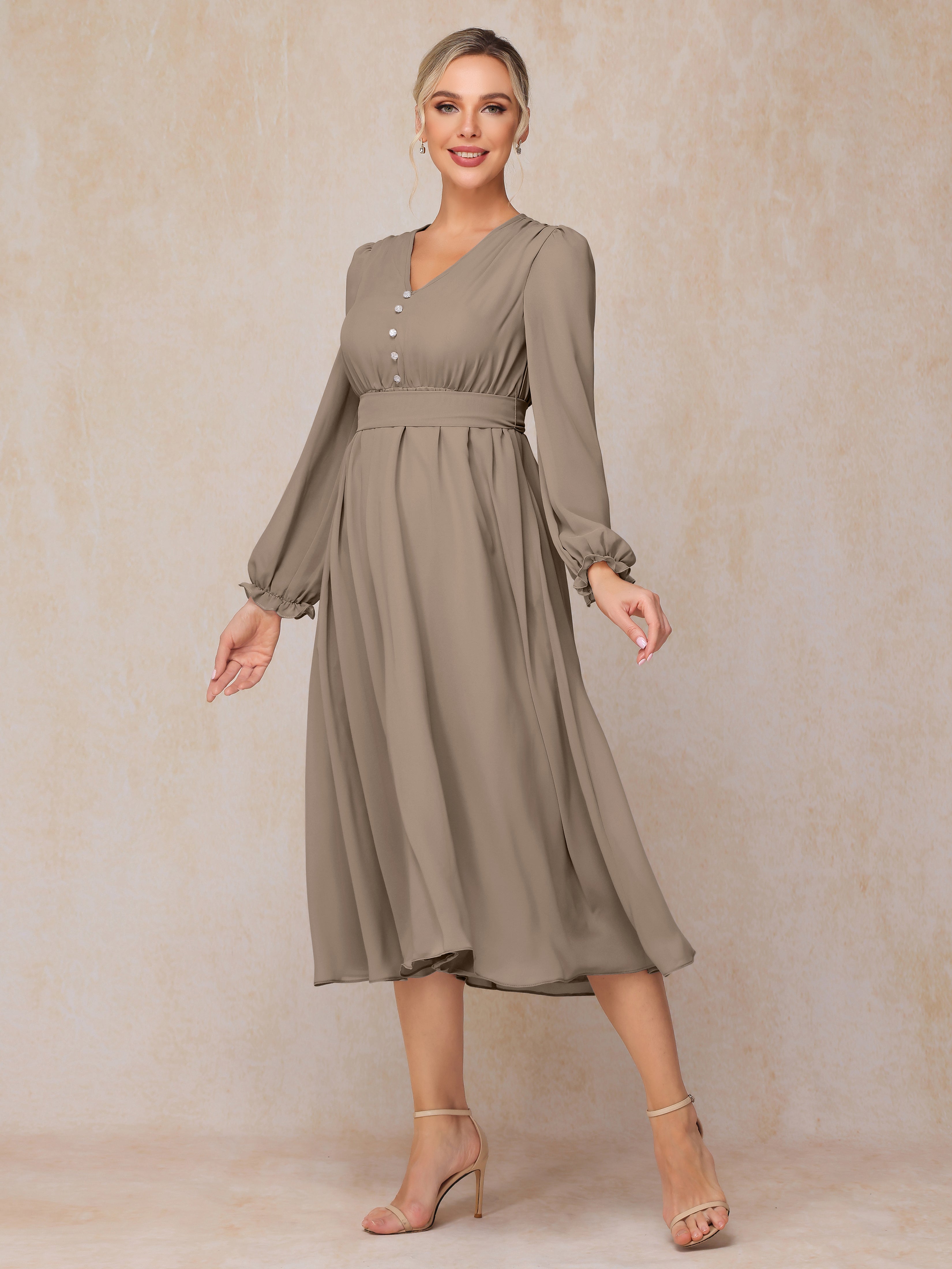 V Neck Long Sleeves Tea Length Chiffon Mother Of The  Groom Dress