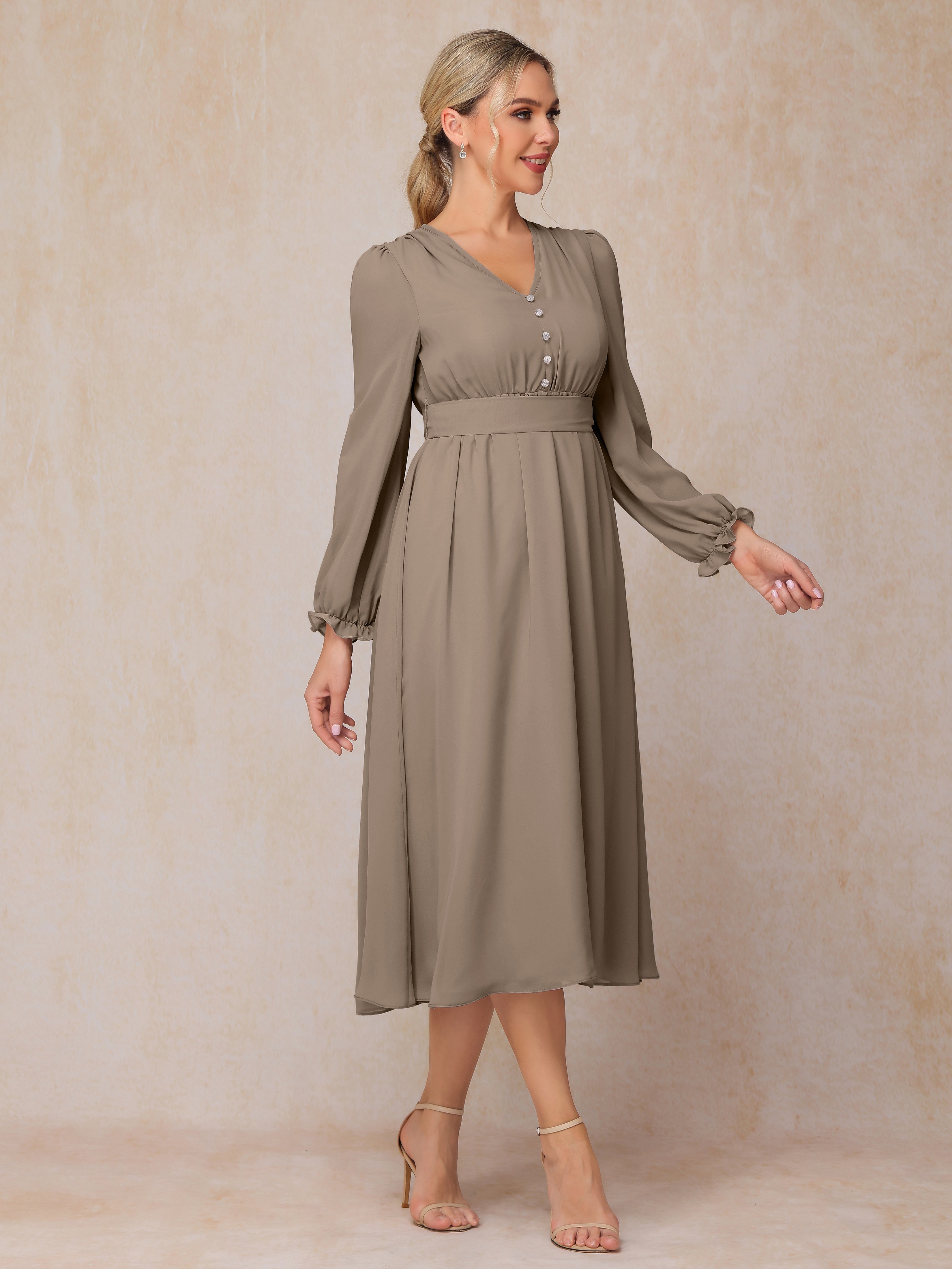 V Neck Long Sleeves Tea Length Chiffon Mother Of The  Groom Dress