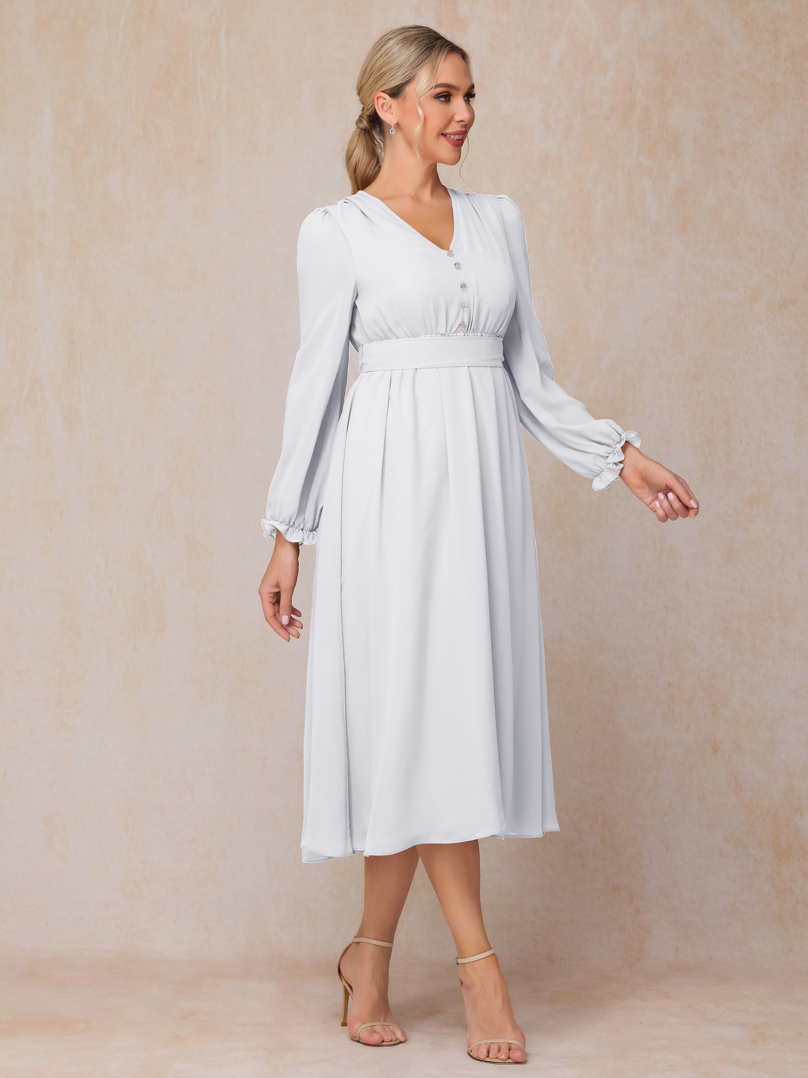 V Neck Long Sleeves Tea Length Chiffon Mother Of The  Groom Dress