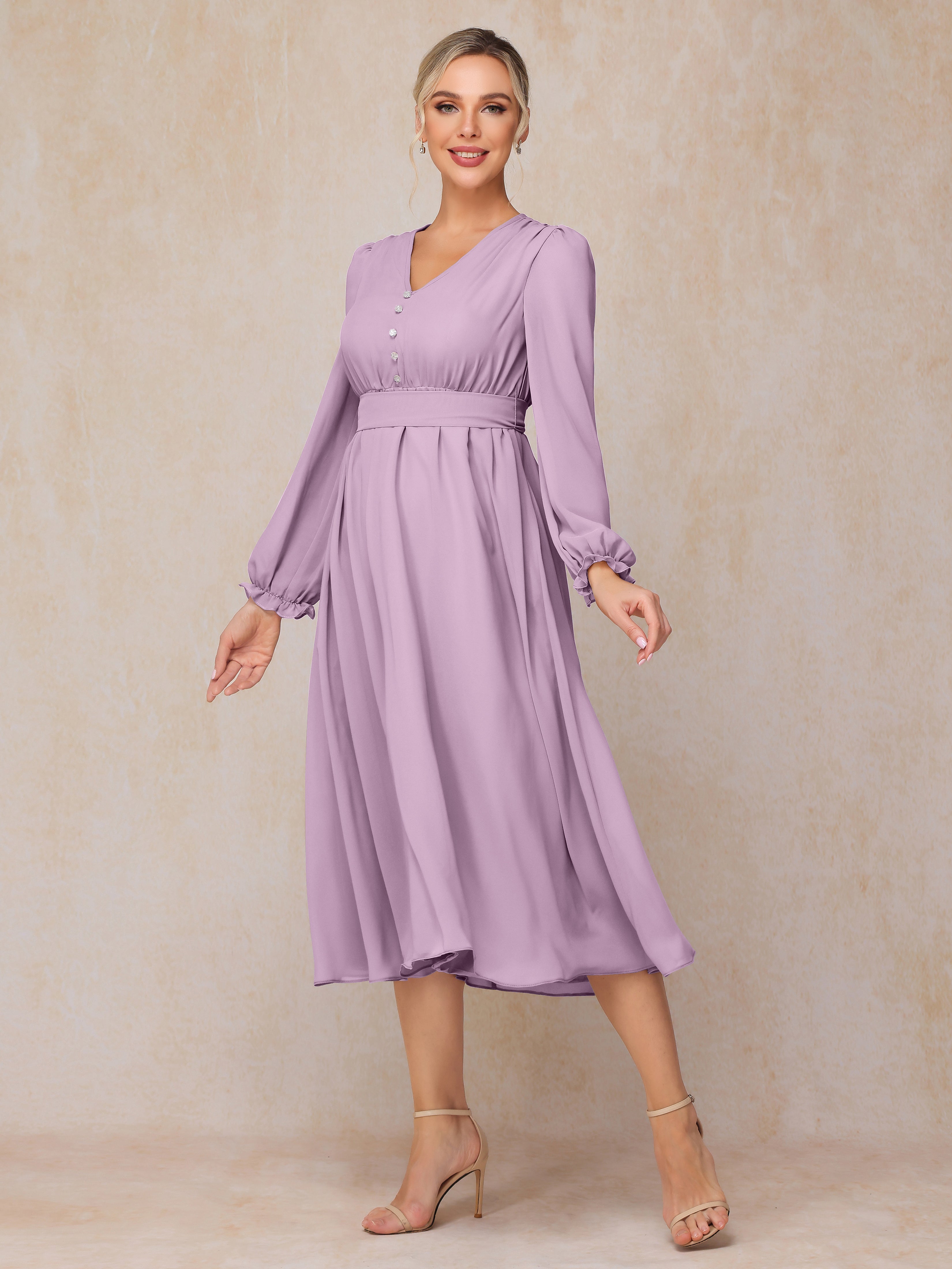 V Neck Long Sleeves Tea Length Chiffon Mother Of The  Groom Dress