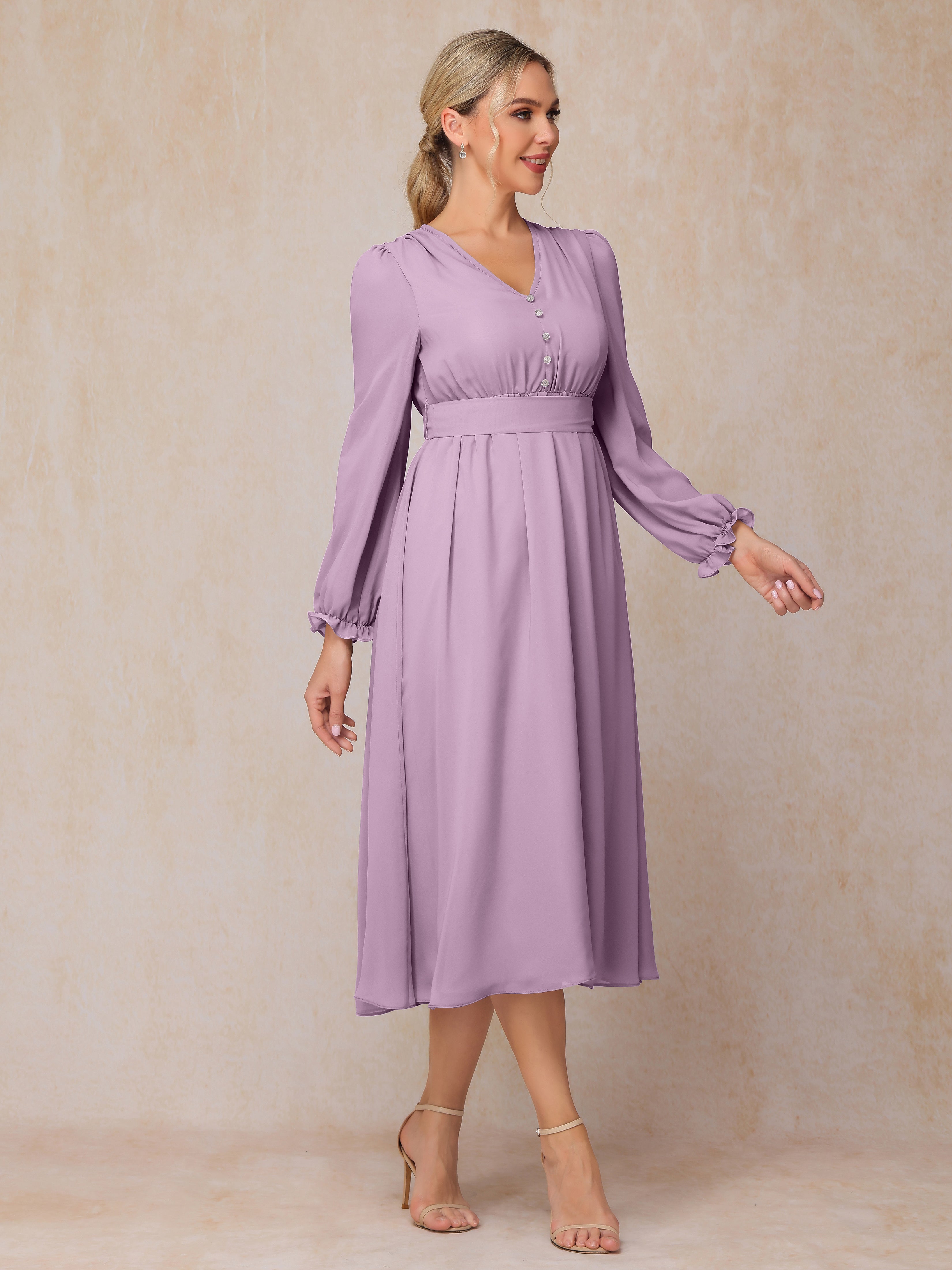 V Neck Long Sleeves Tea Length Chiffon Mother Of The  Groom Dress