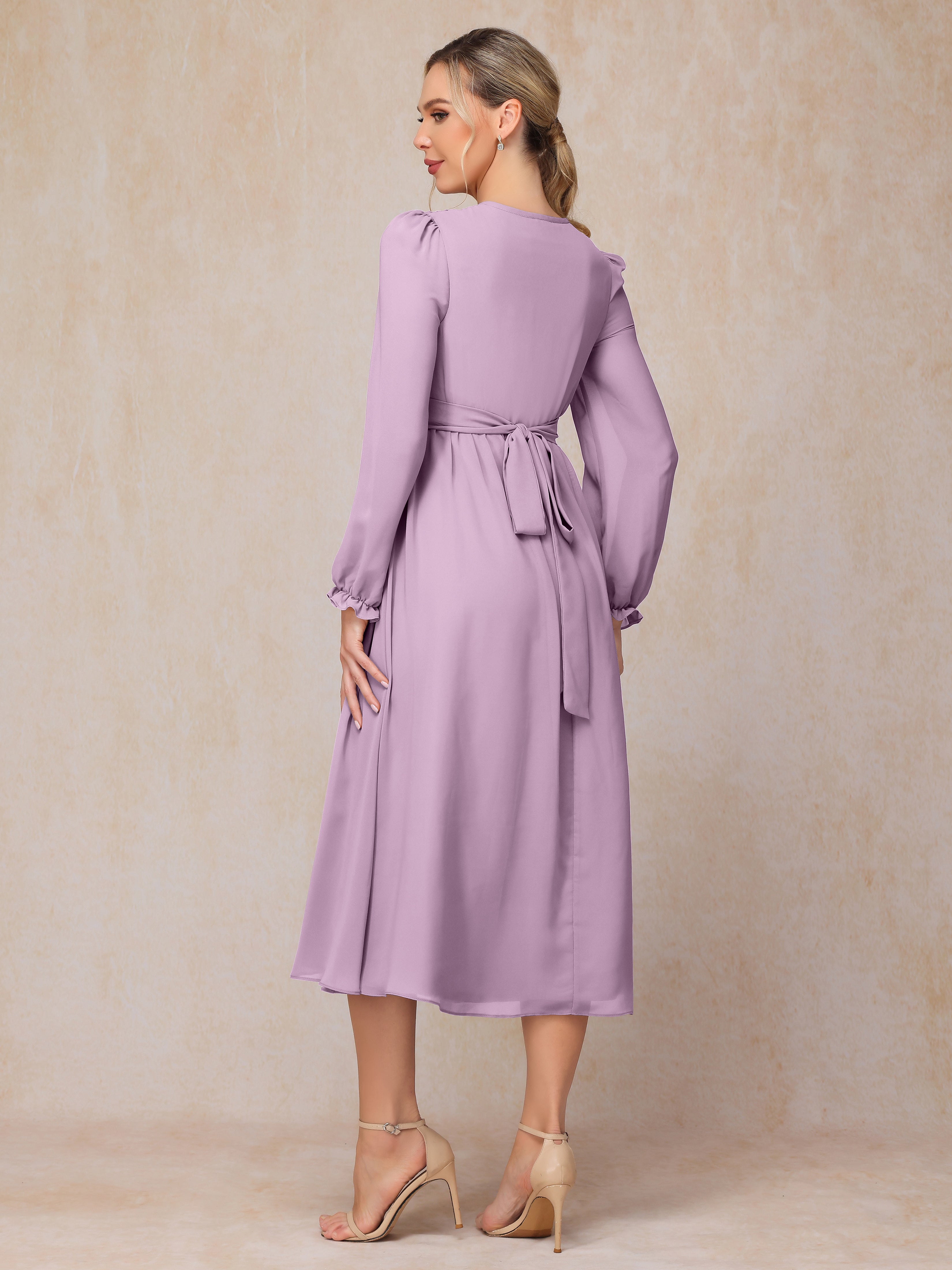 V Neck Long Sleeves Tea Length Chiffon Mother Of The  Groom Dress