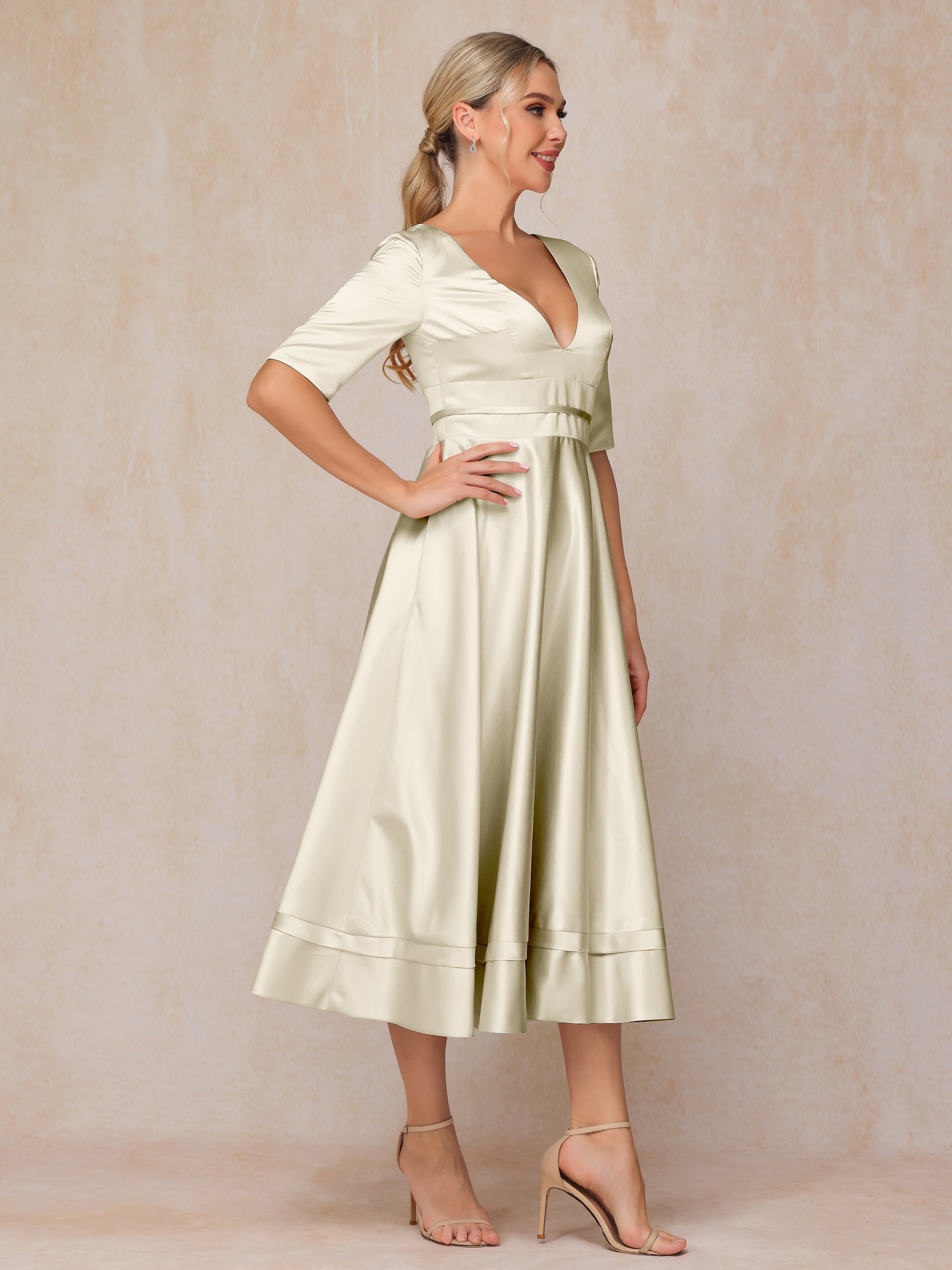 V Neck Short Sleeves Tea Length Satin Mother Of The  Groom Dress