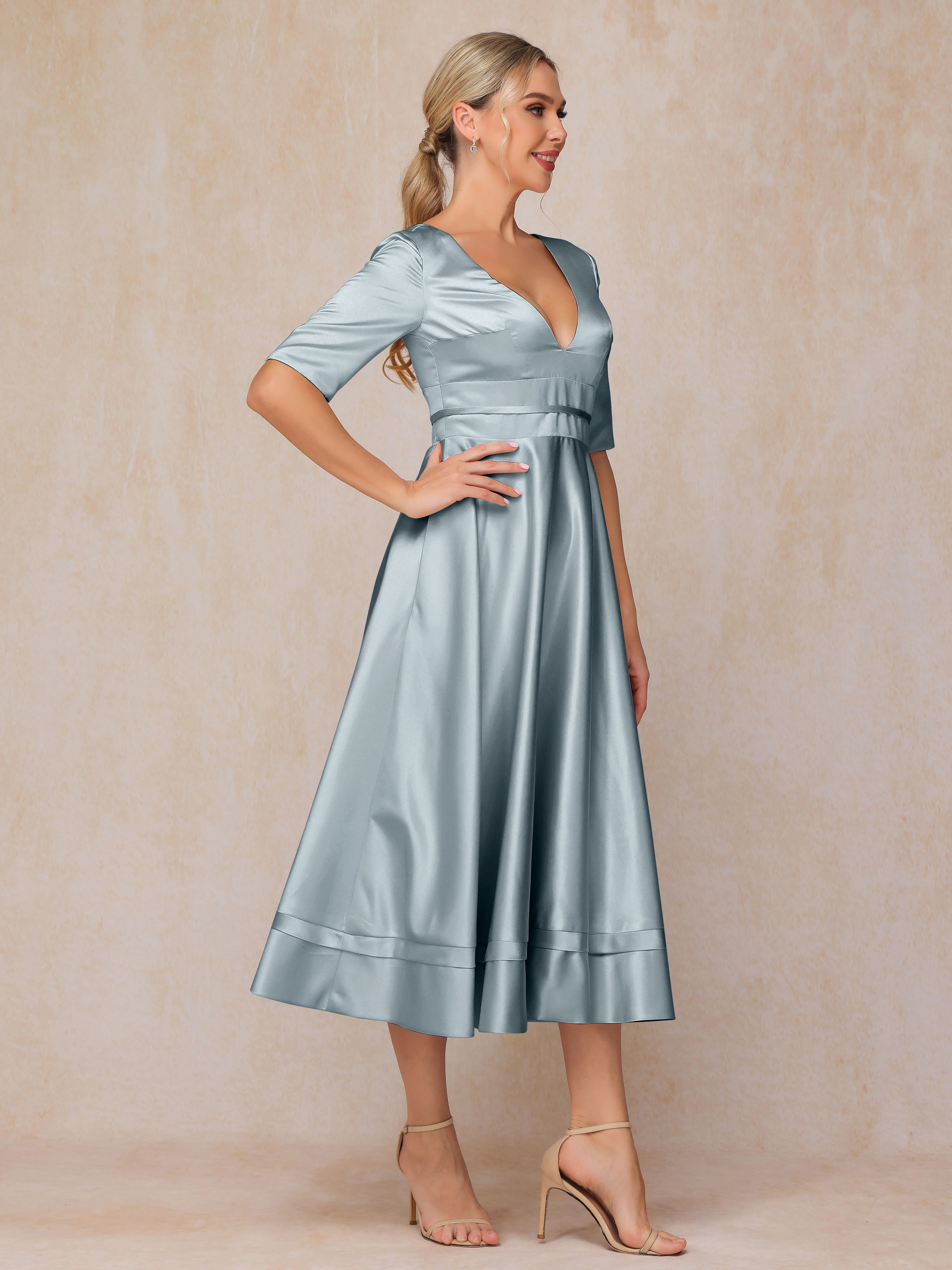 V Neck Short Sleeves Tea Length Satin Mother Of The  Groom Dress