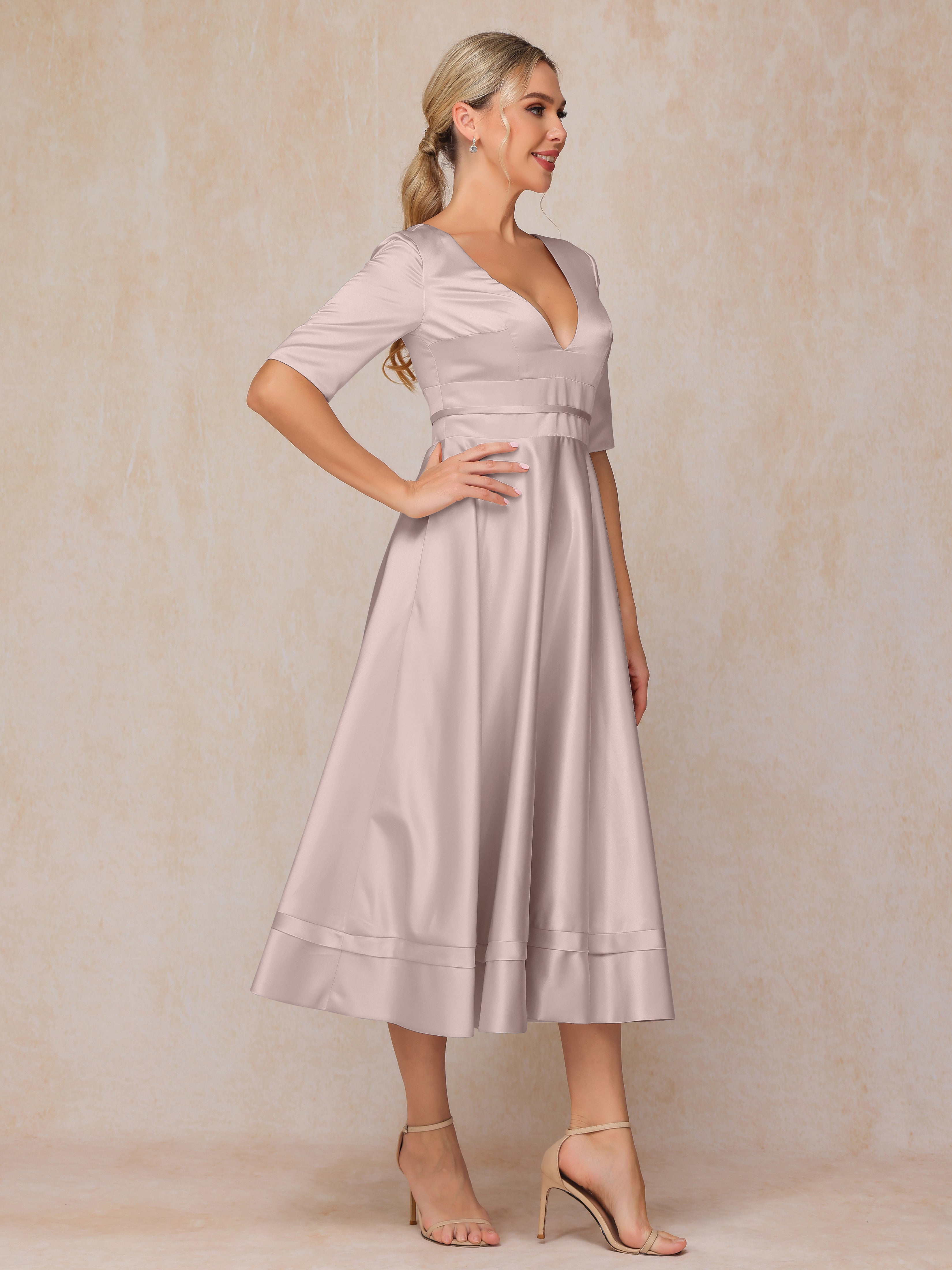 V Neck Short Sleeves Tea Length Satin Mother Of The  Groom Dress