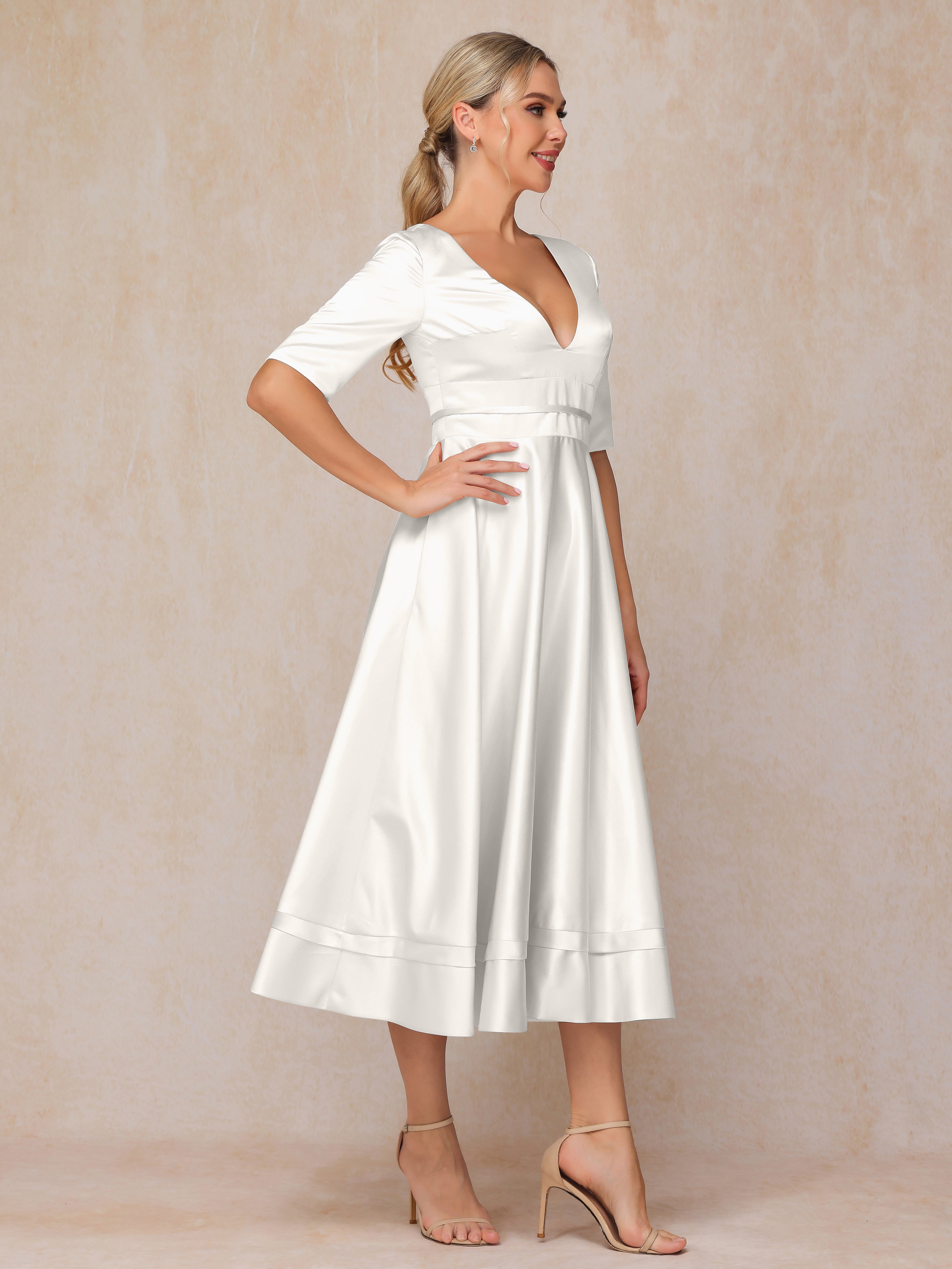 V Neck Short Sleeves Tea Length Satin Mother Of The  Groom Dress