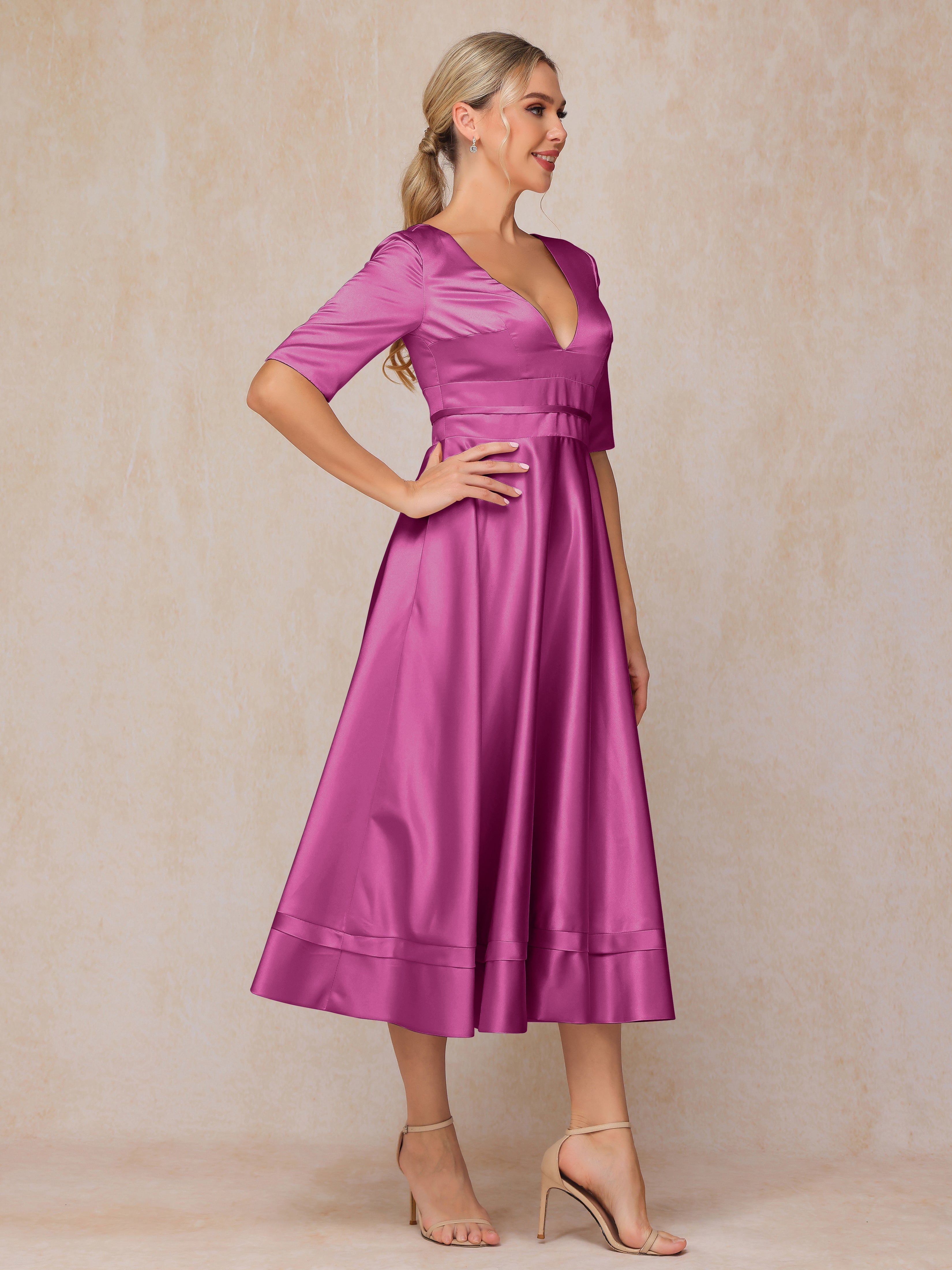 V Neck Short Sleeves Tea Length Satin Mother Of The  Groom Dress