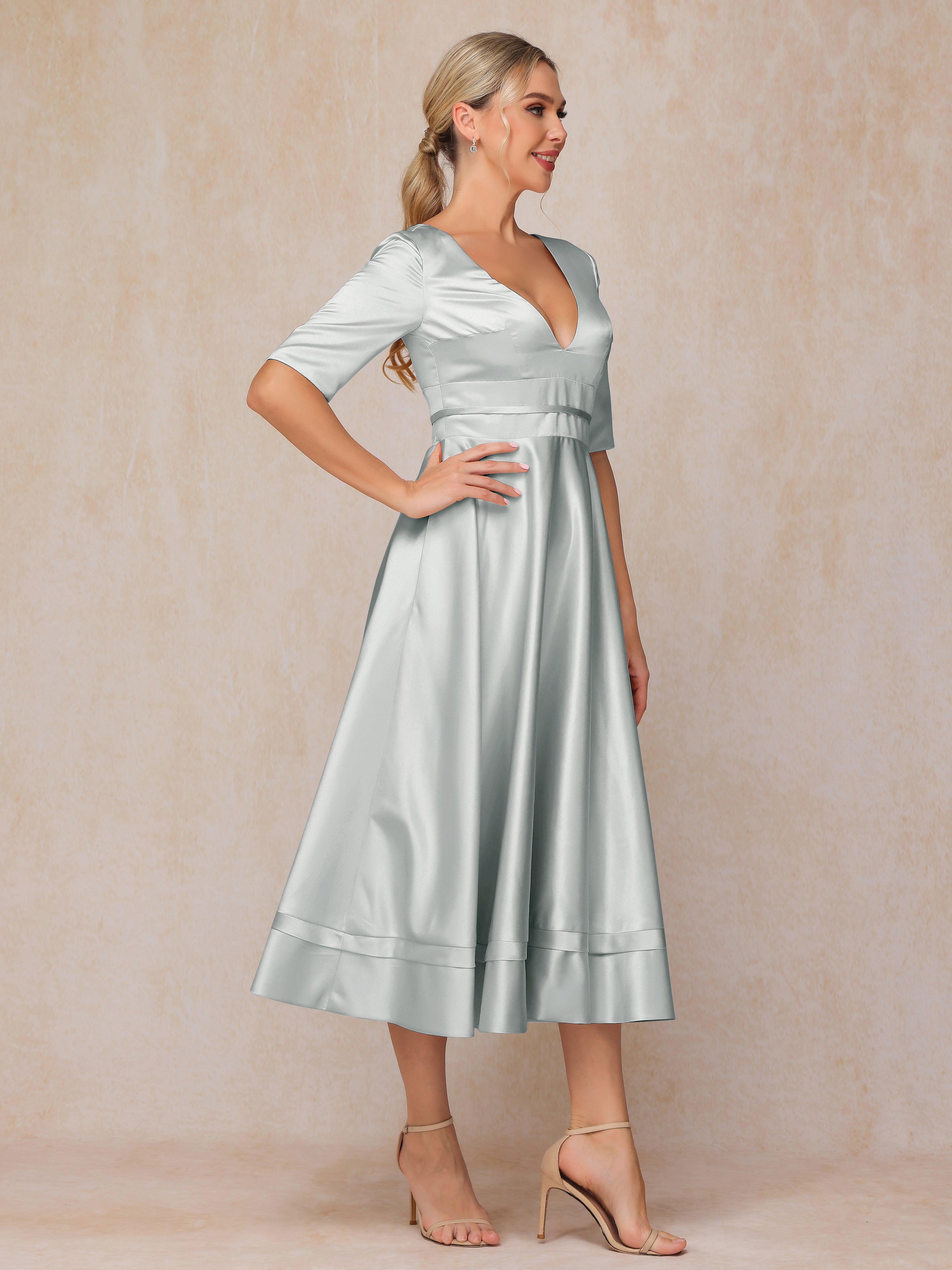 V Neck Short Sleeves Tea Length Satin Mother Of The  Groom Dress