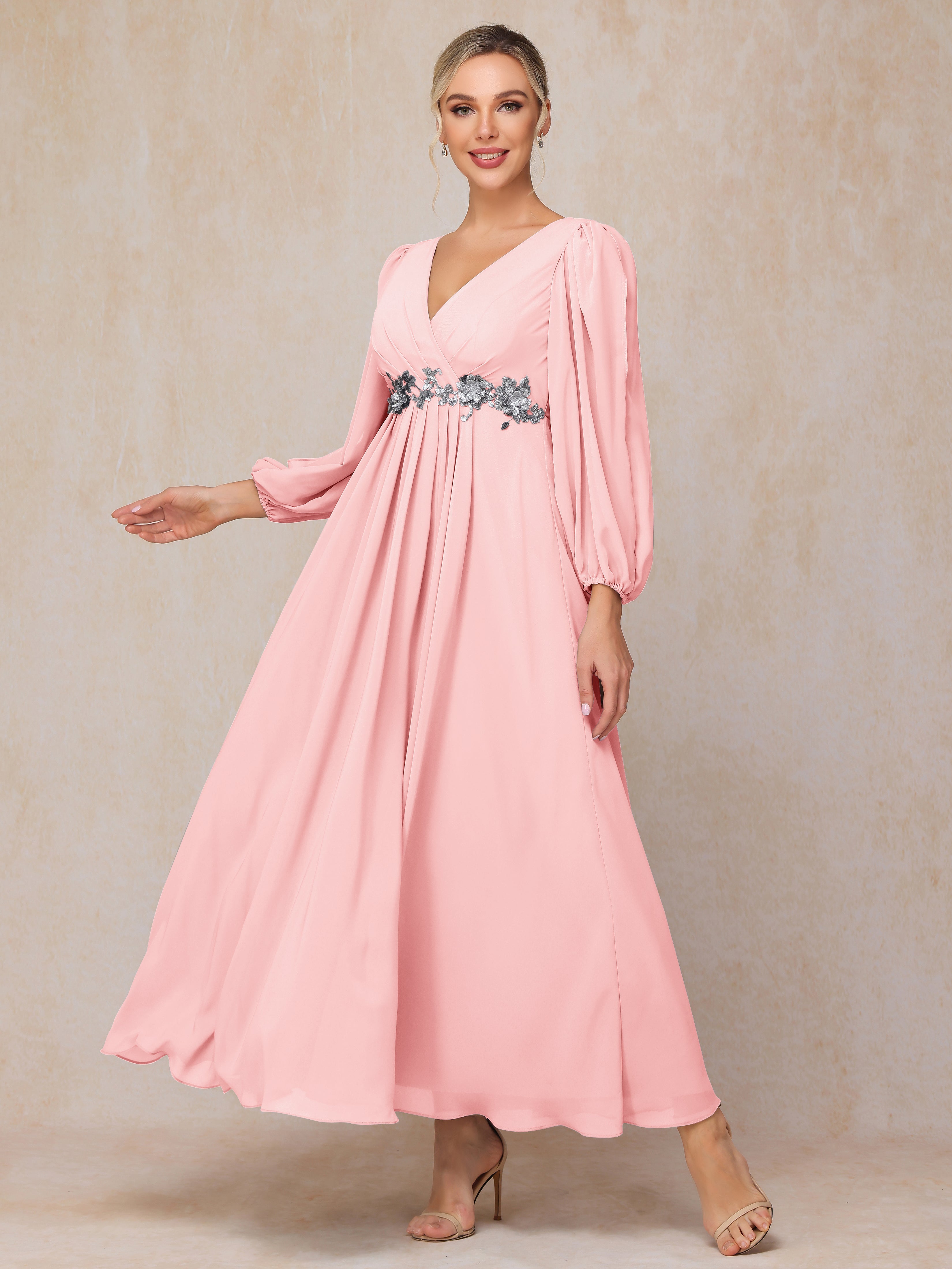 Long Sleeves V Neck Ankle Length Chiffon Mother Of The  Groom Dress