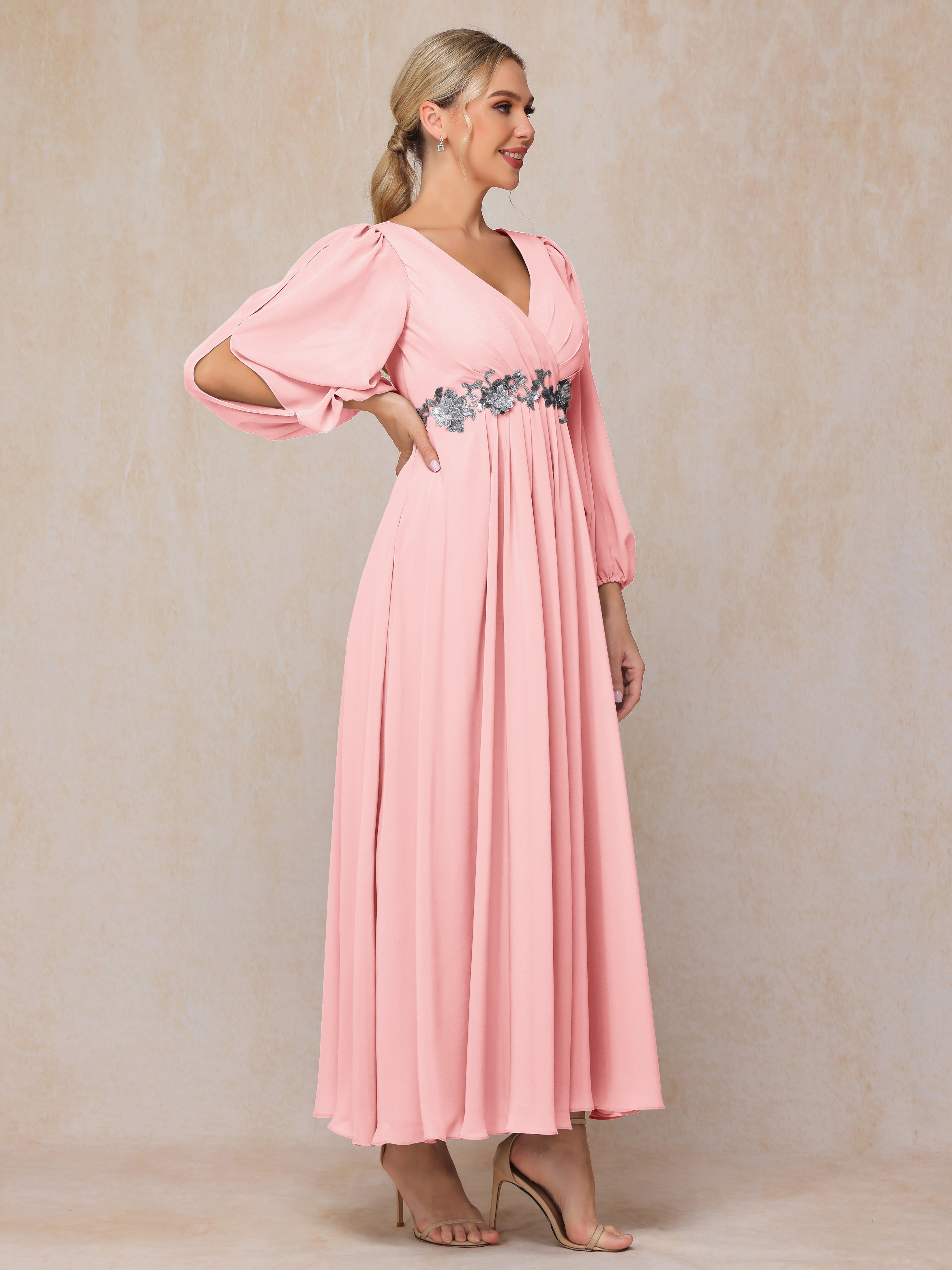 Long Sleeves V Neck Ankle Length Chiffon Mother Of The  Groom Dress