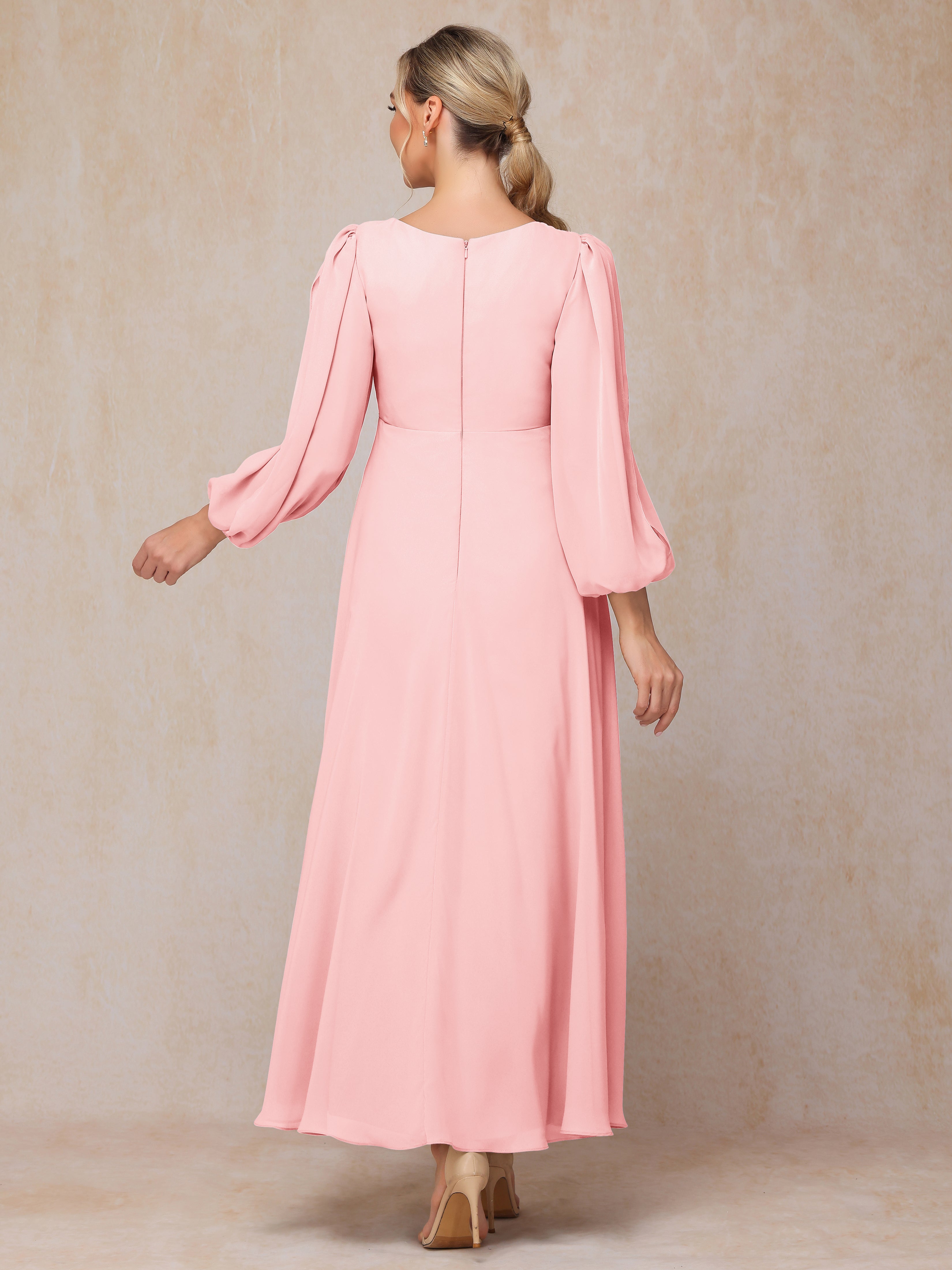 Long Sleeves V Neck Ankle Length Chiffon Wedding Guest Dresses