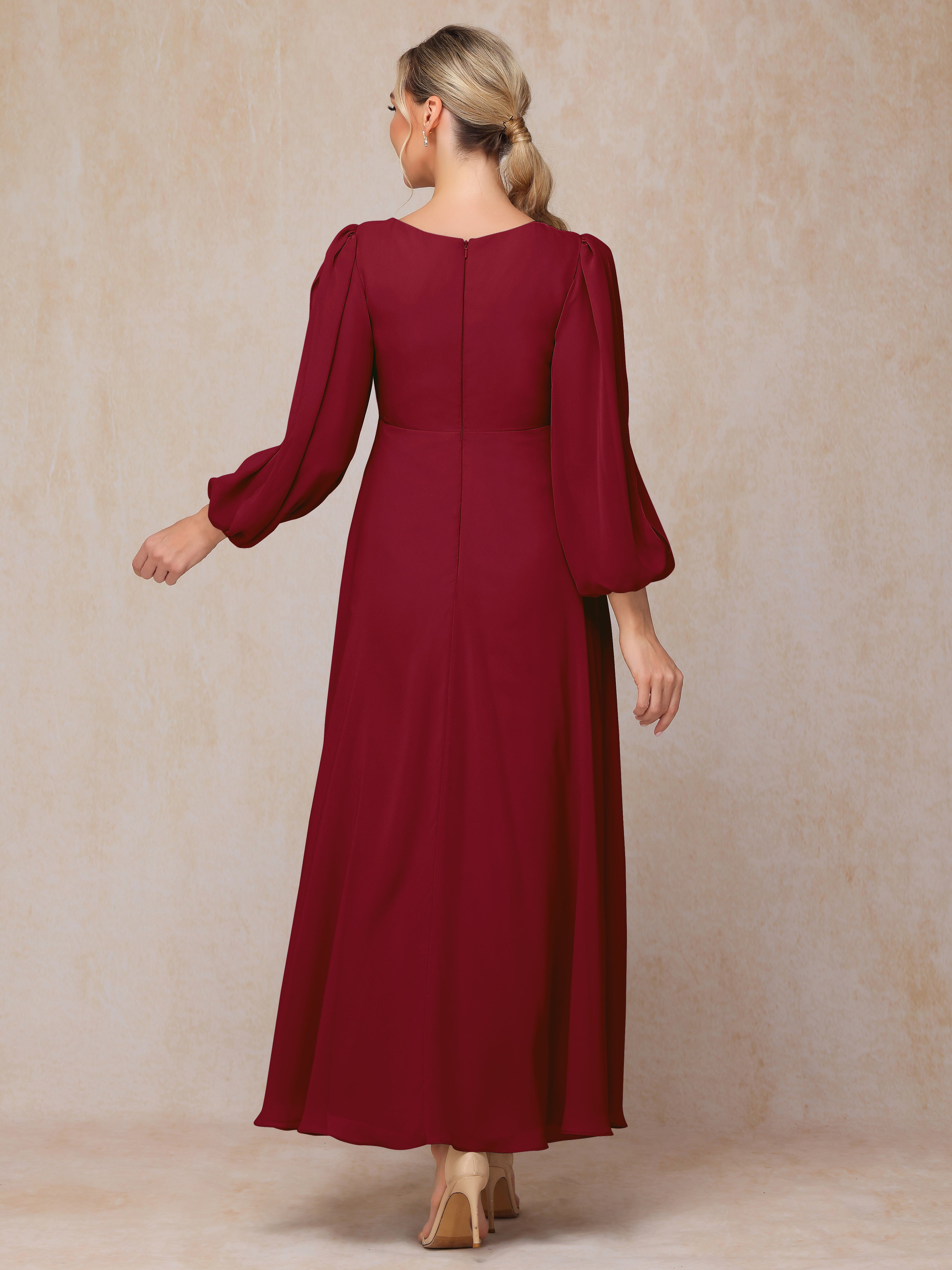 Long Sleeves V Neck Ankle Length Chiffon Mother Of The  Groom Dress