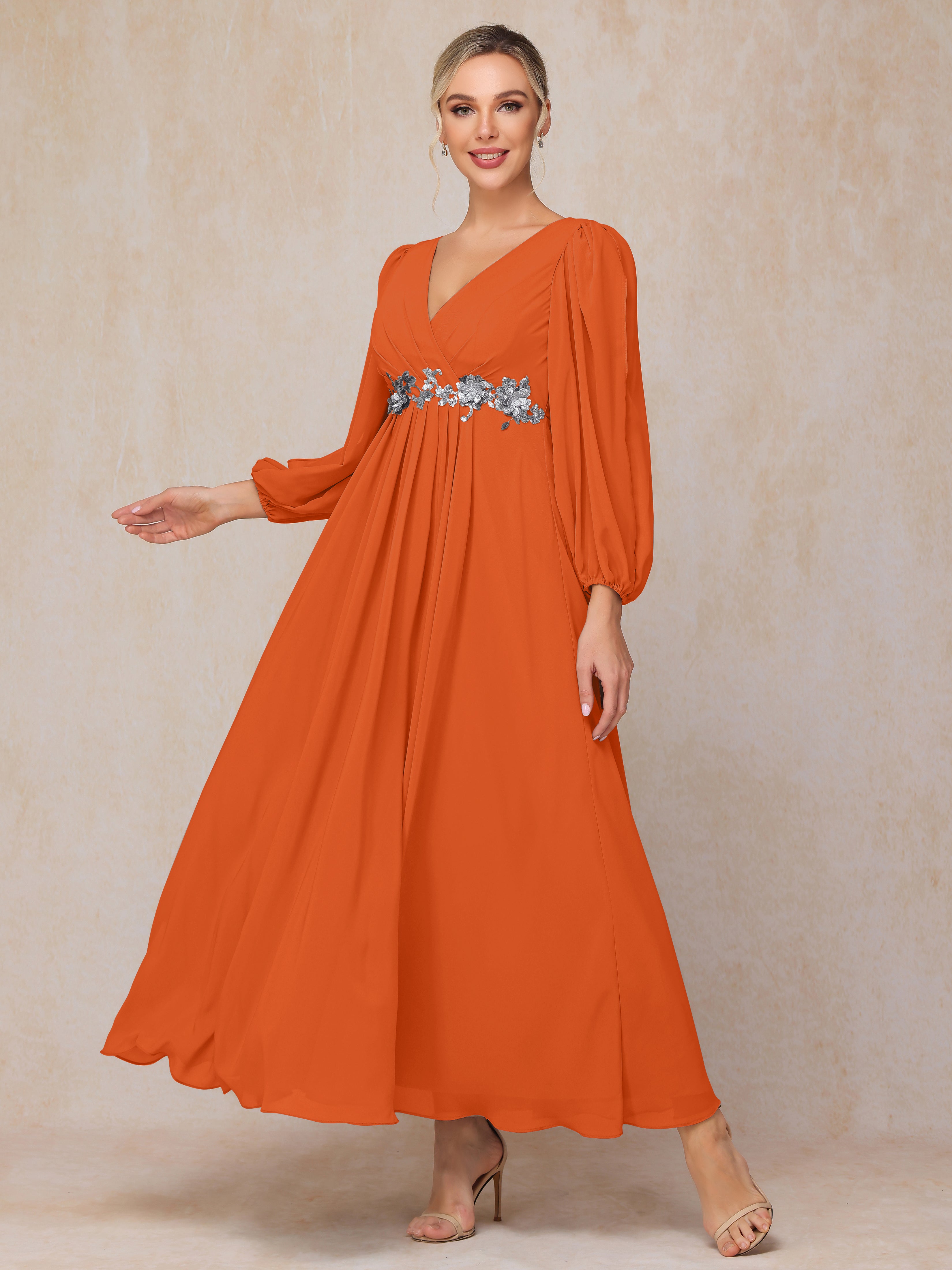 Long Sleeves V Neck Ankle Length Chiffon Wedding Guest Dresses