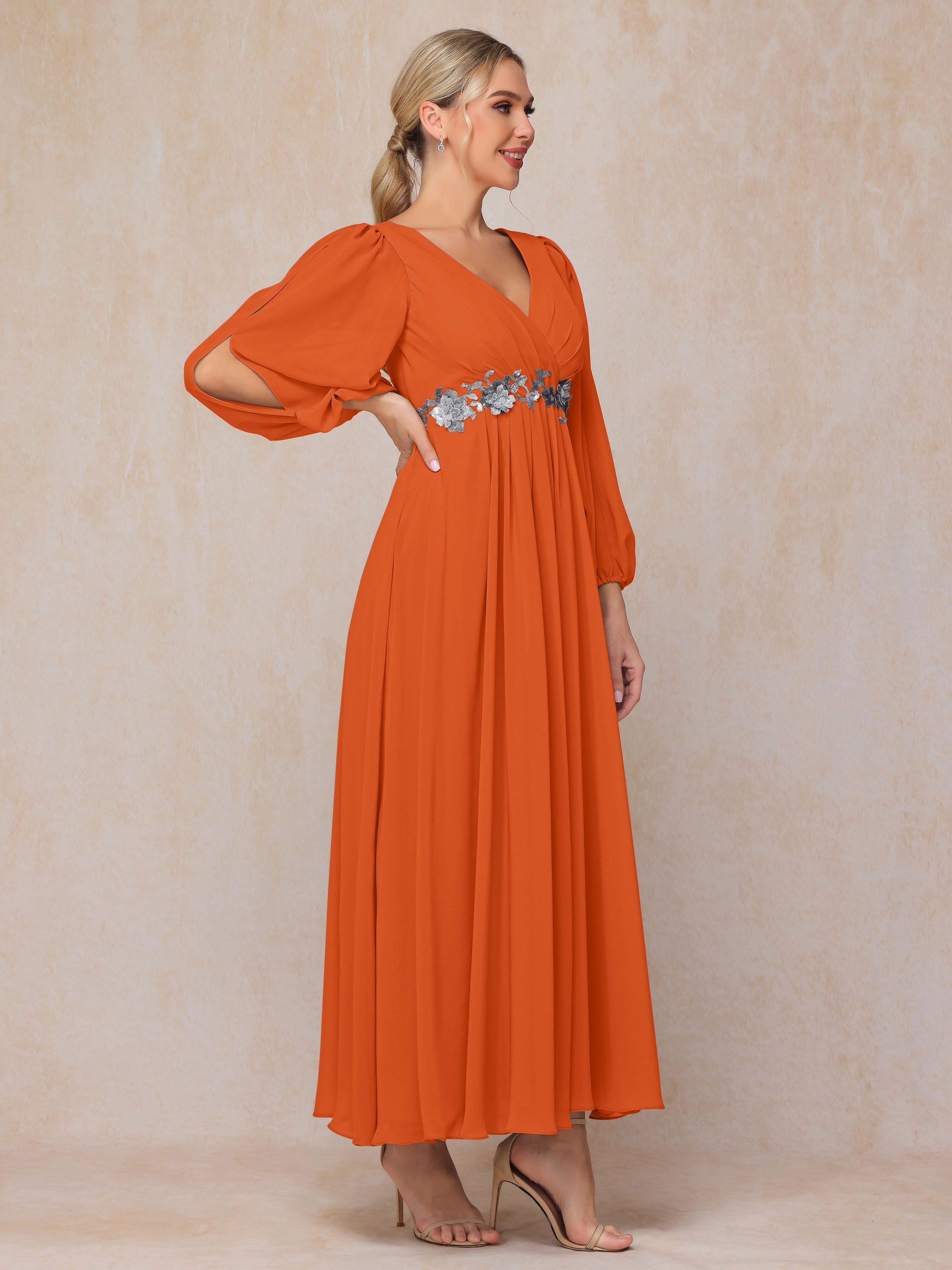 Long Sleeves V Neck Ankle Length Chiffon Wedding Guest Dresses