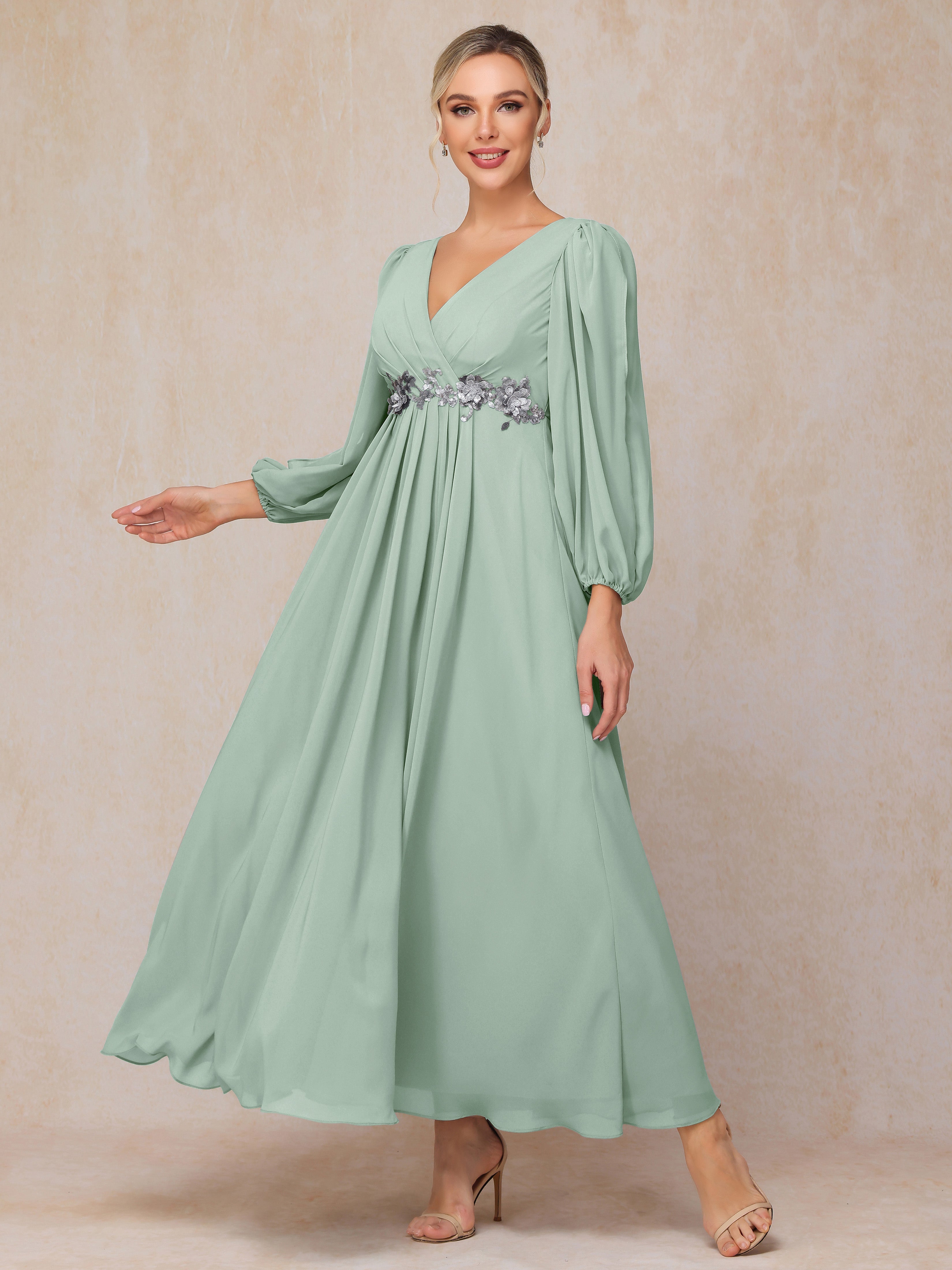 Long Sleeves V Neck Ankle Length Chiffon Mother Of The  Groom Dress