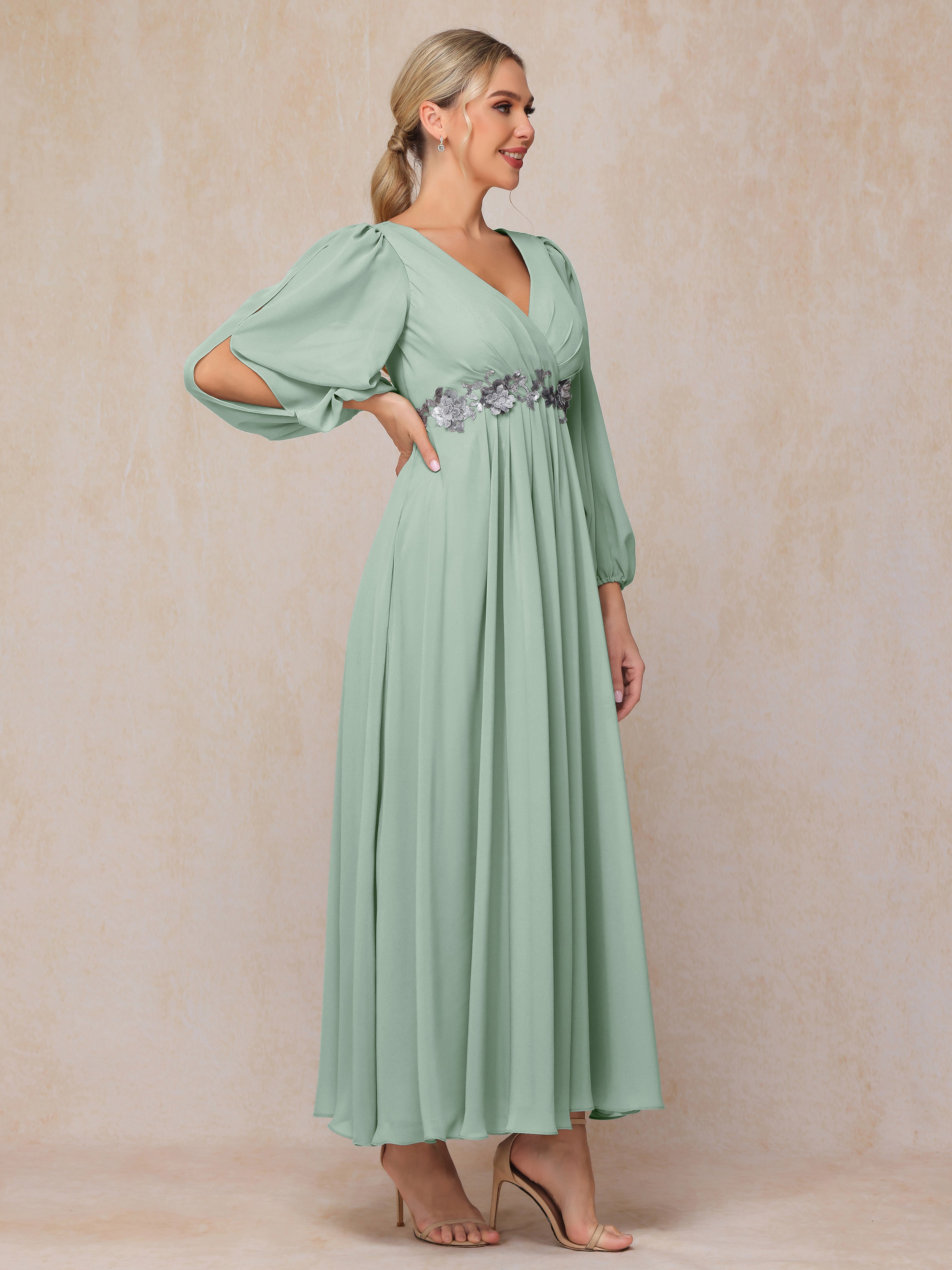 Long Sleeves V Neck Ankle Length Chiffon Wedding Guest Dresses