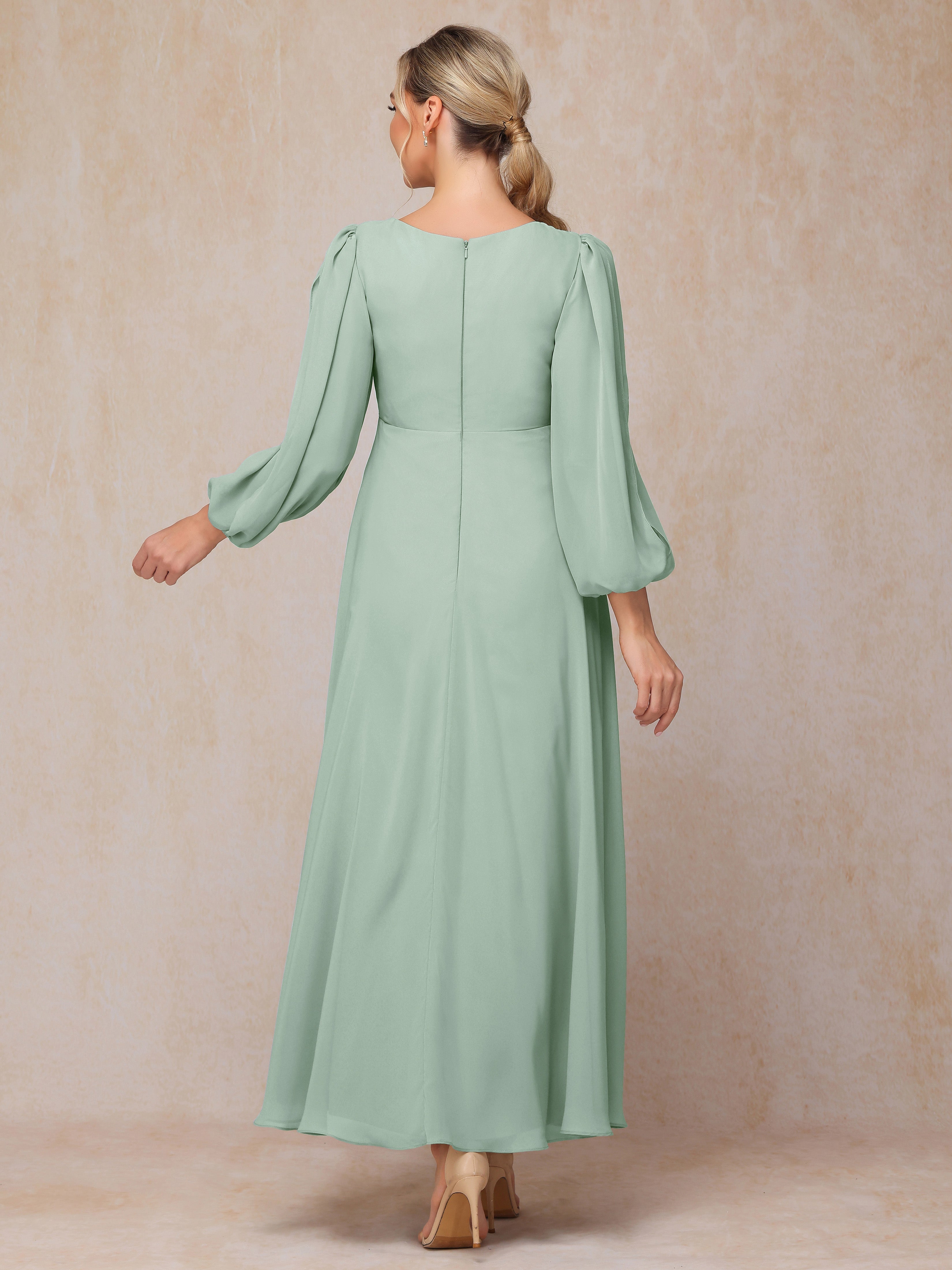 Long Sleeves V Neck Ankle Length Chiffon Mother Of The  Groom Dress