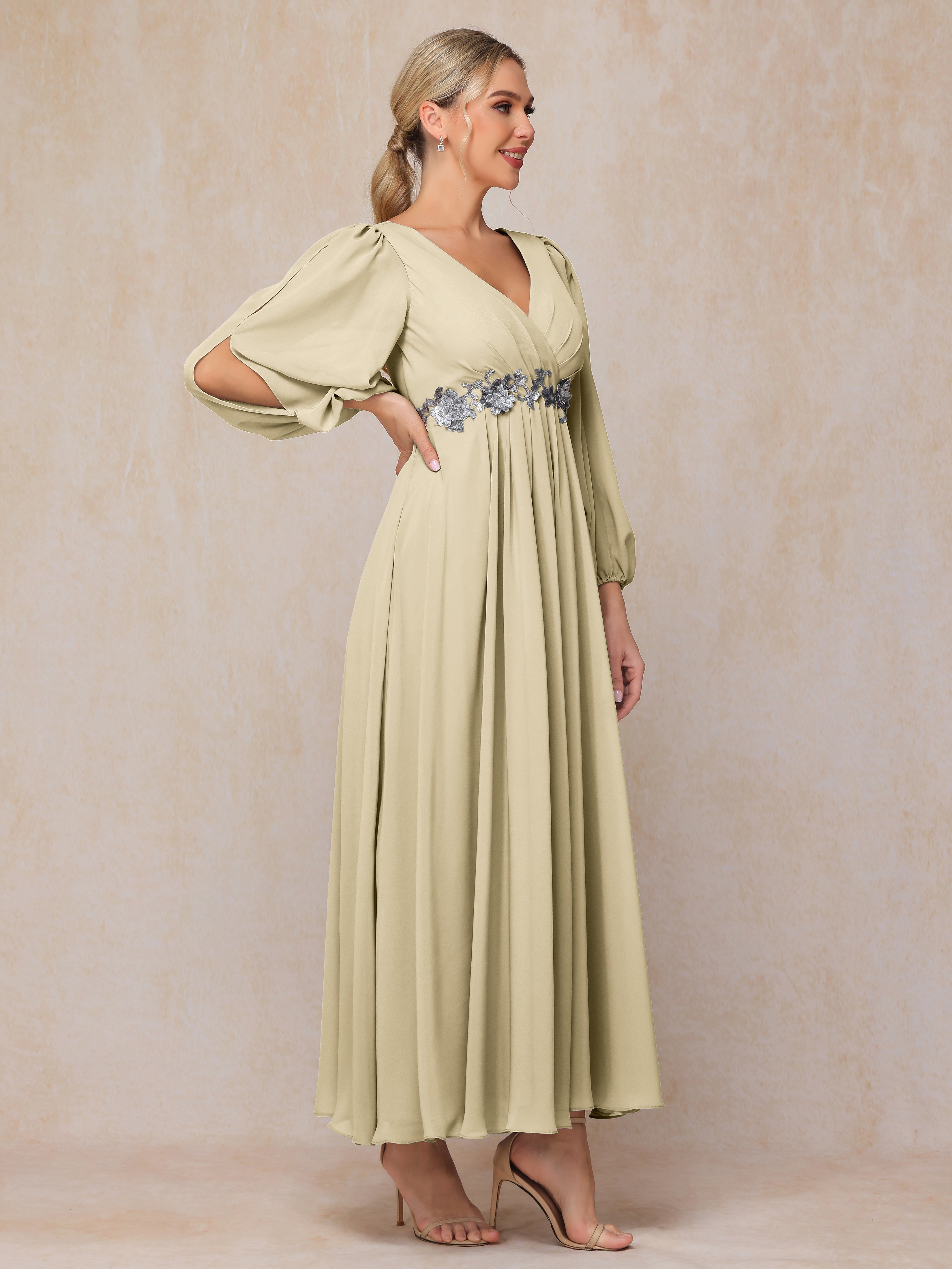 Long Sleeves V Neck Ankle Length Chiffon Wedding Guest Dresses