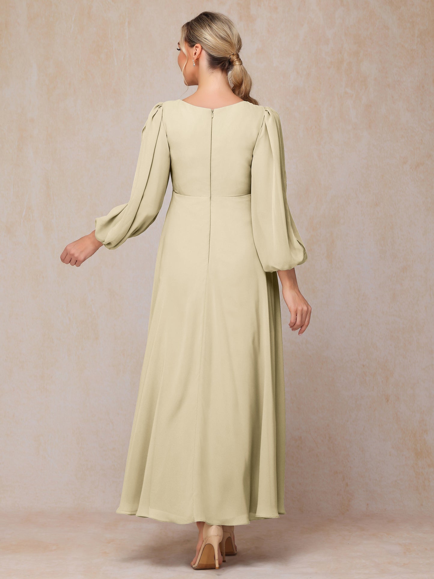 Long Sleeves V Neck Ankle Length Chiffon Wedding Guest Dresses
