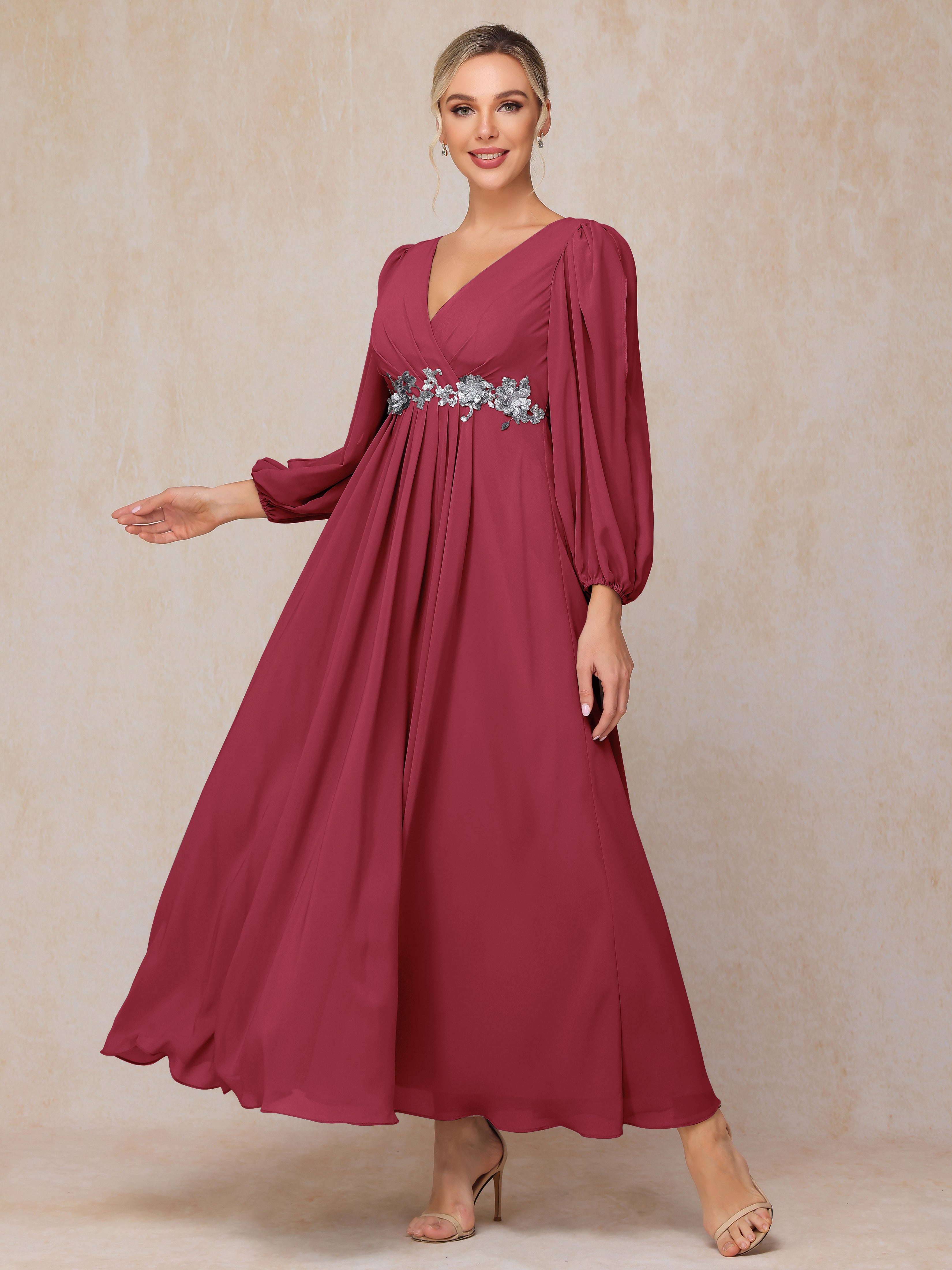 Long Sleeves V Neck Ankle Length Chiffon Wedding Guest Dresses