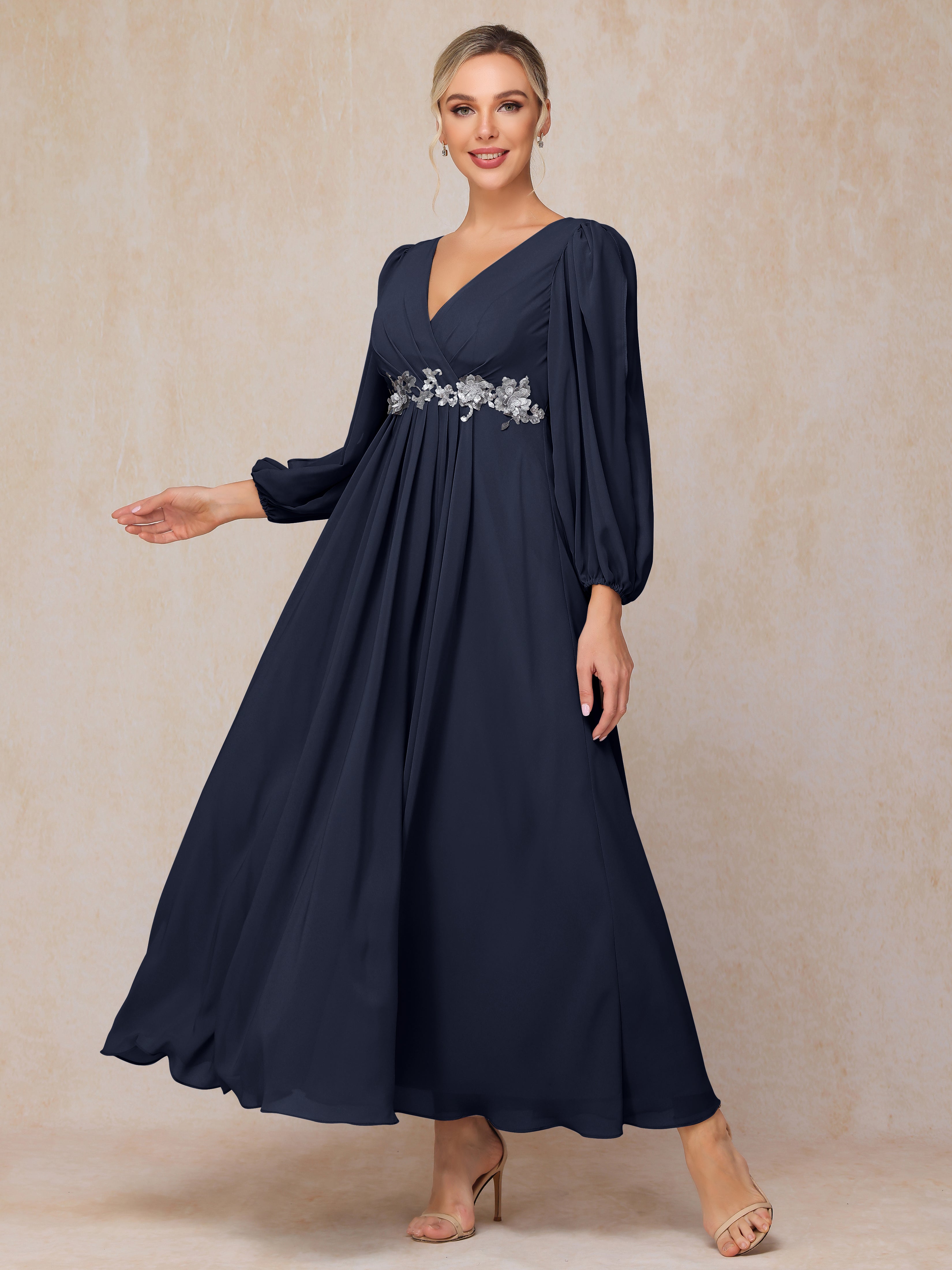 Long Sleeves V Neck Ankle Length Chiffon Mother Of The  Groom Dress