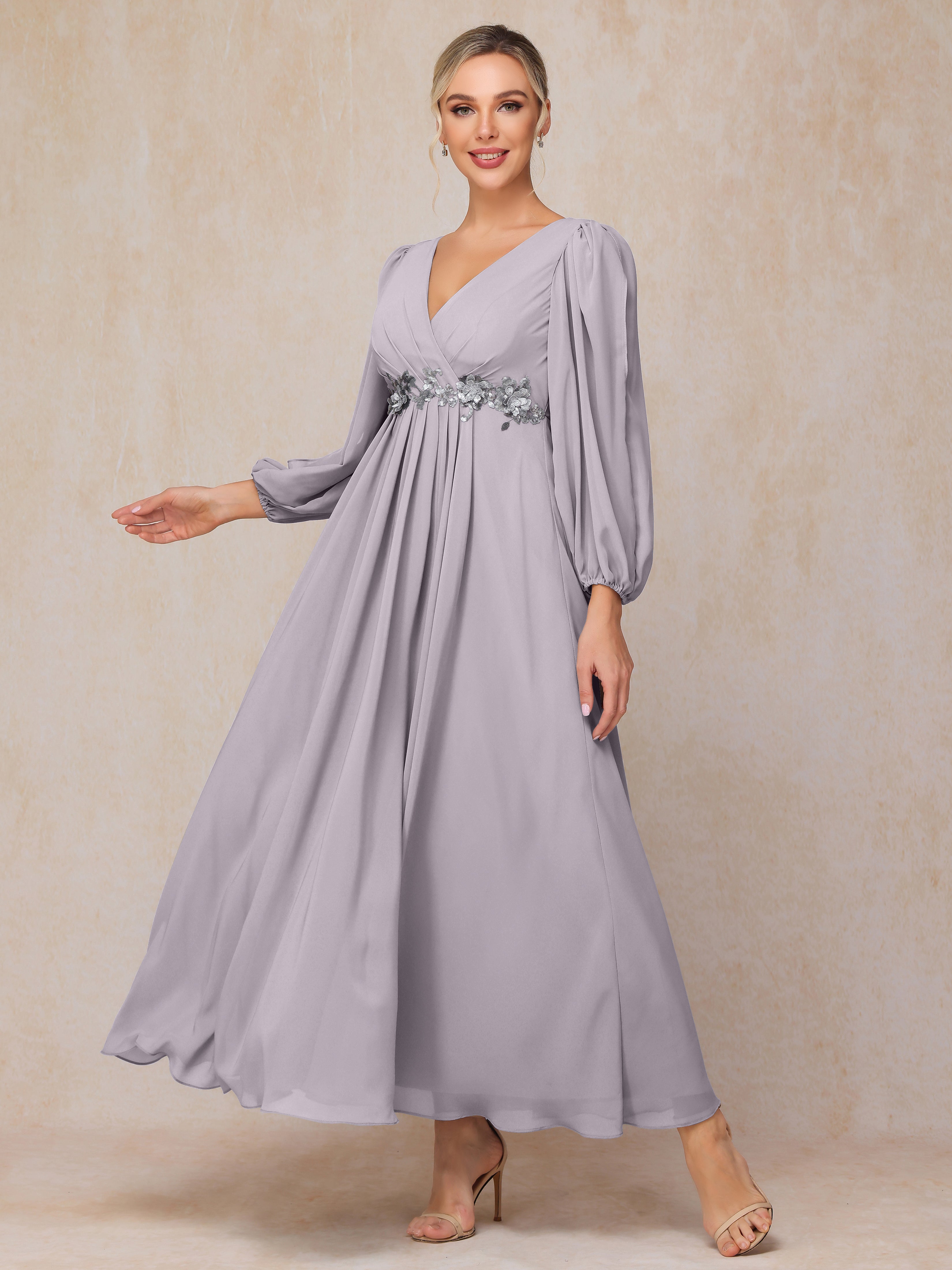 Long Sleeves V Neck Ankle Length Chiffon Mother Of The  Groom Dress