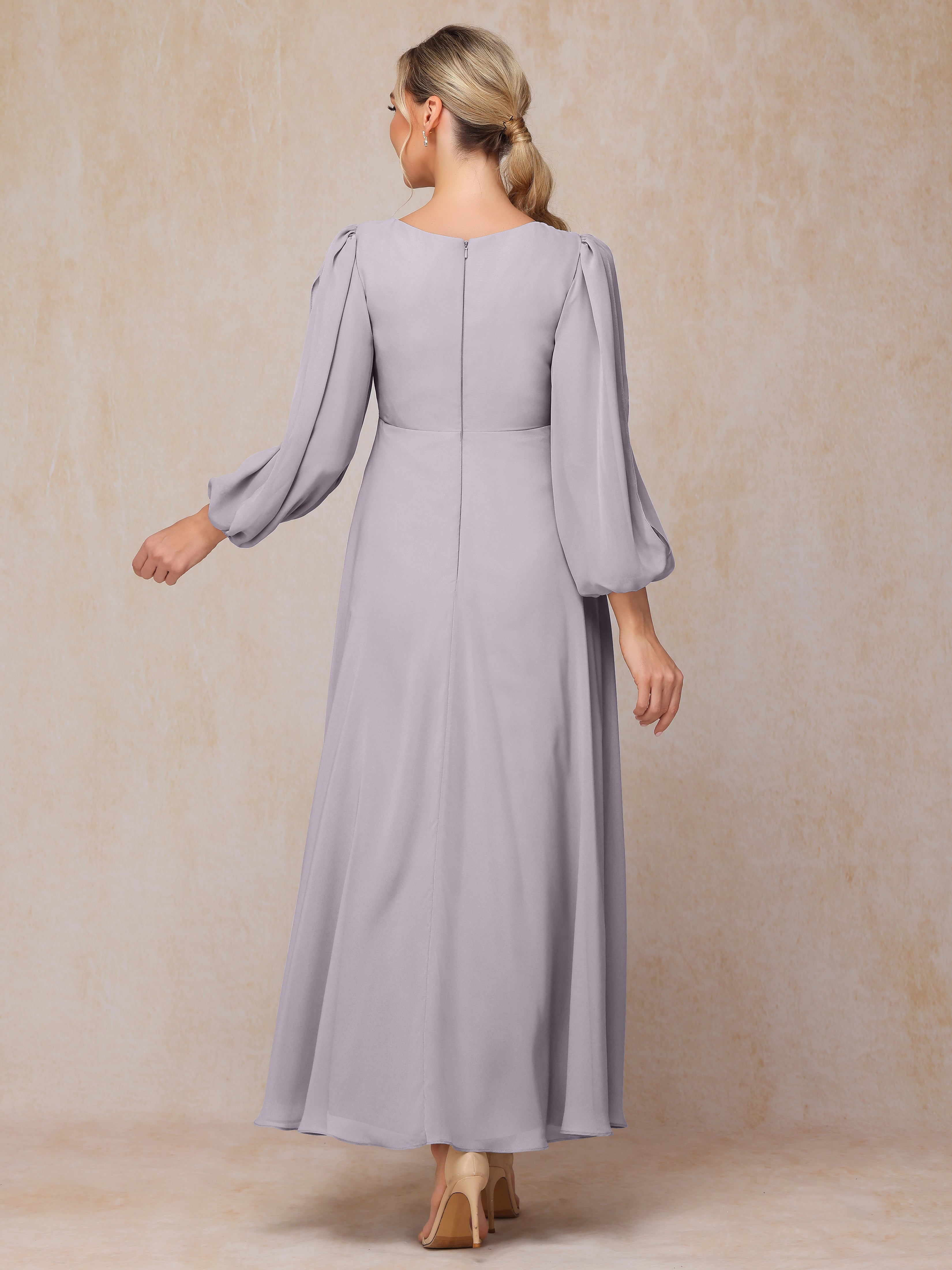 Long Sleeves V Neck Ankle Length Chiffon Wedding Guest Dresses