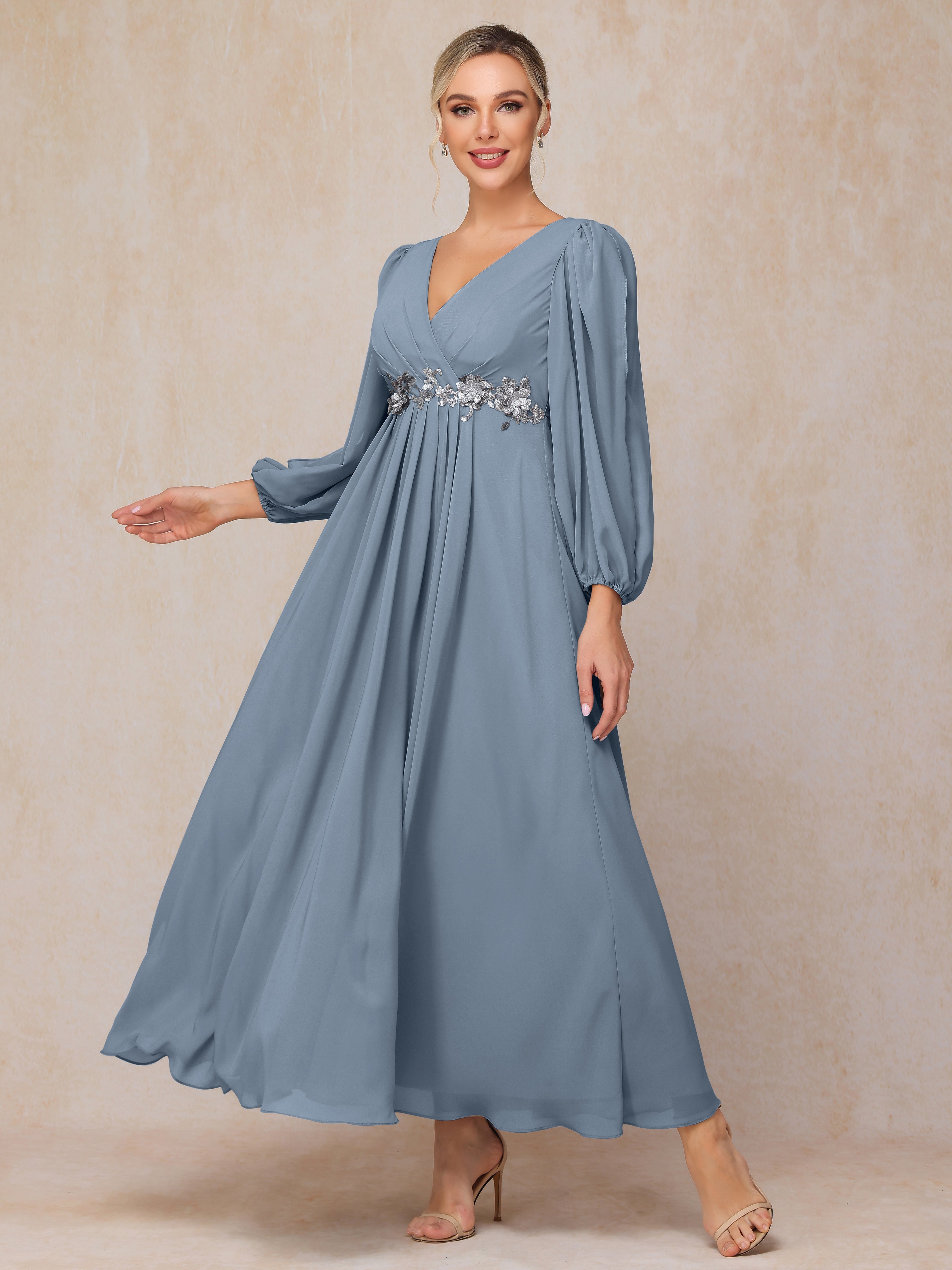 Long Sleeves V Neck Ankle Length Chiffon Mother Of The  Groom Dress