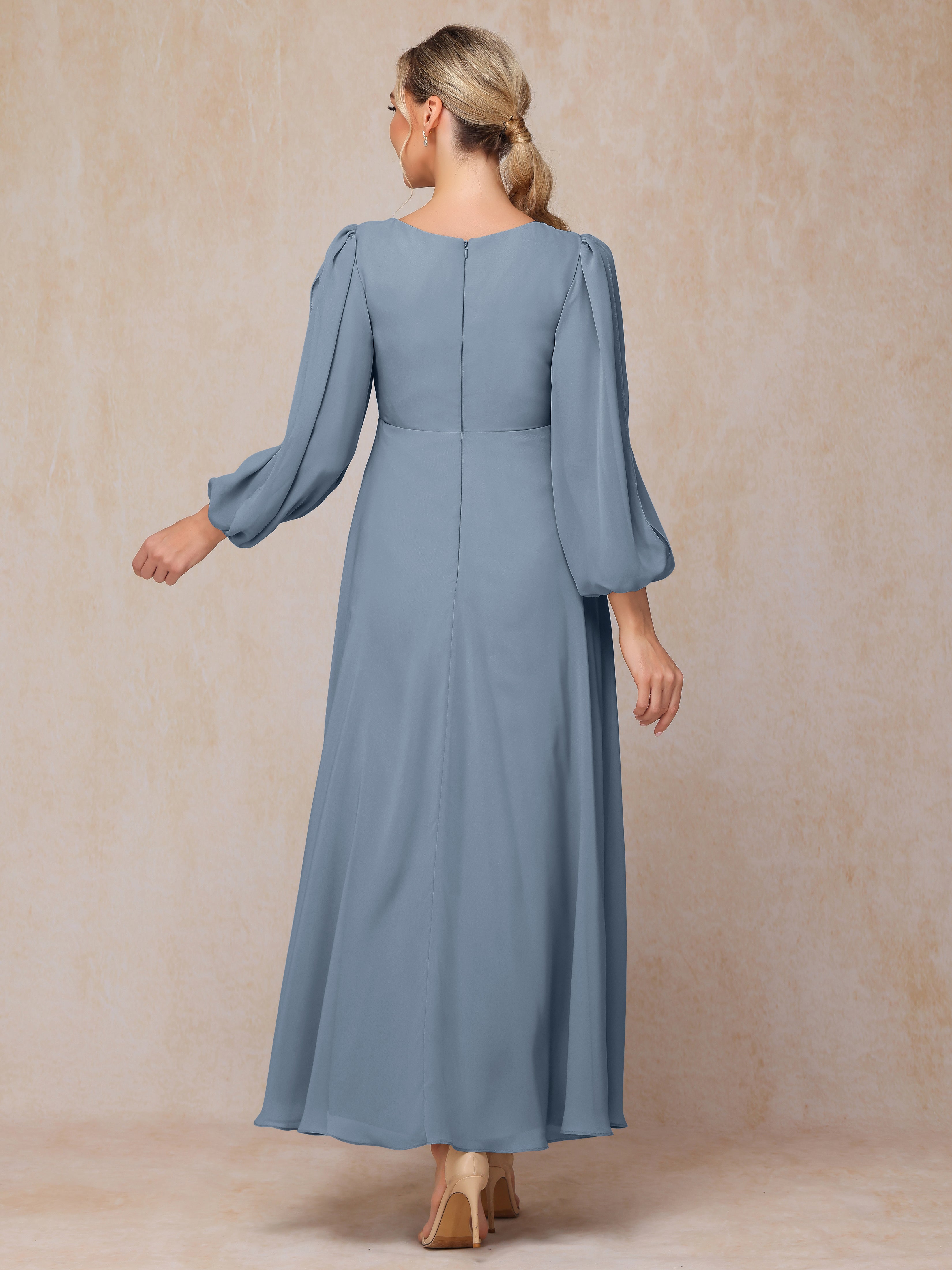 Long Sleeves V Neck Ankle Length Chiffon Mother Of The  Groom Dress