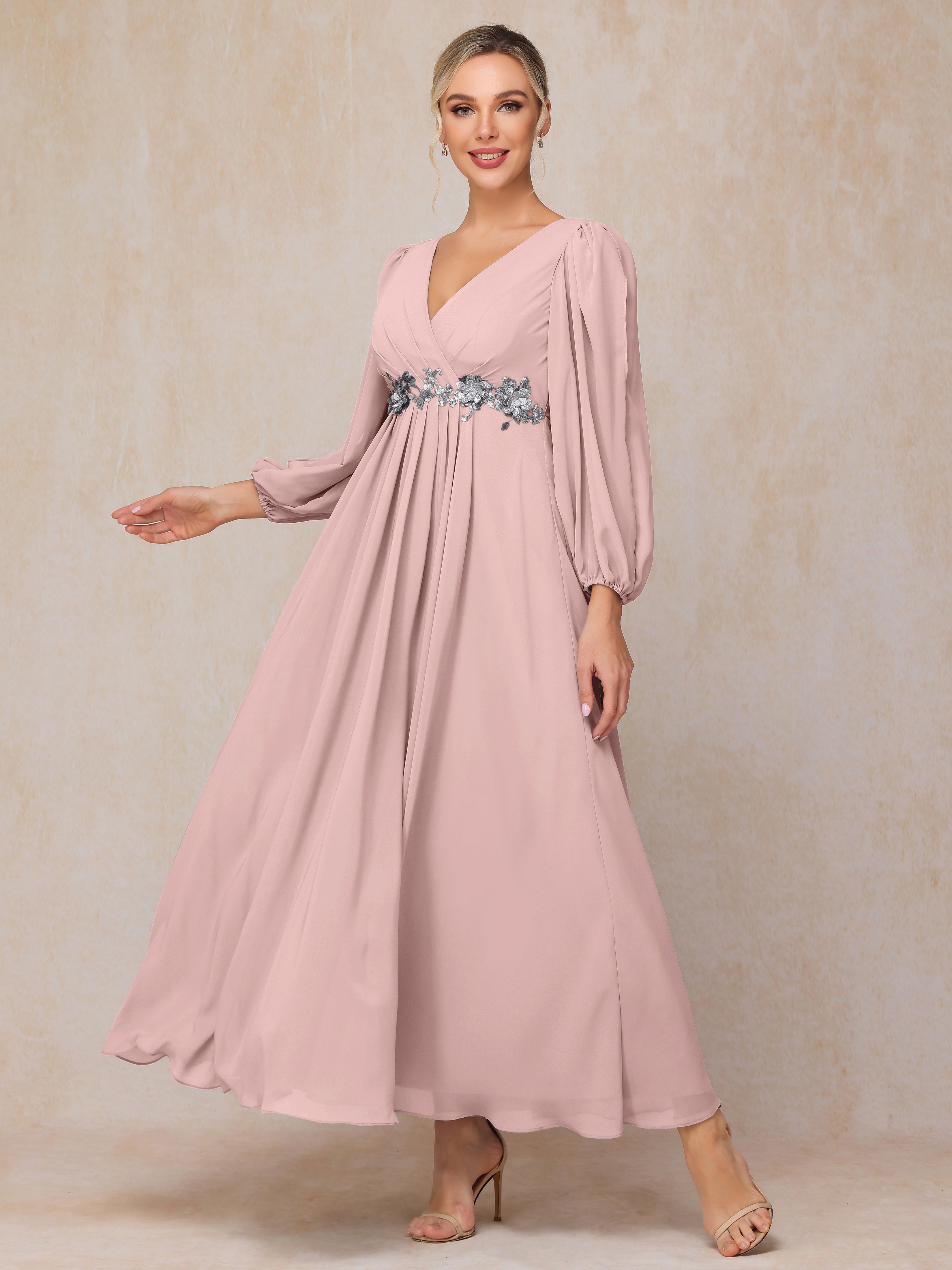 Long Sleeves V Neck Ankle Length Chiffon Mother Of The  Groom Dress