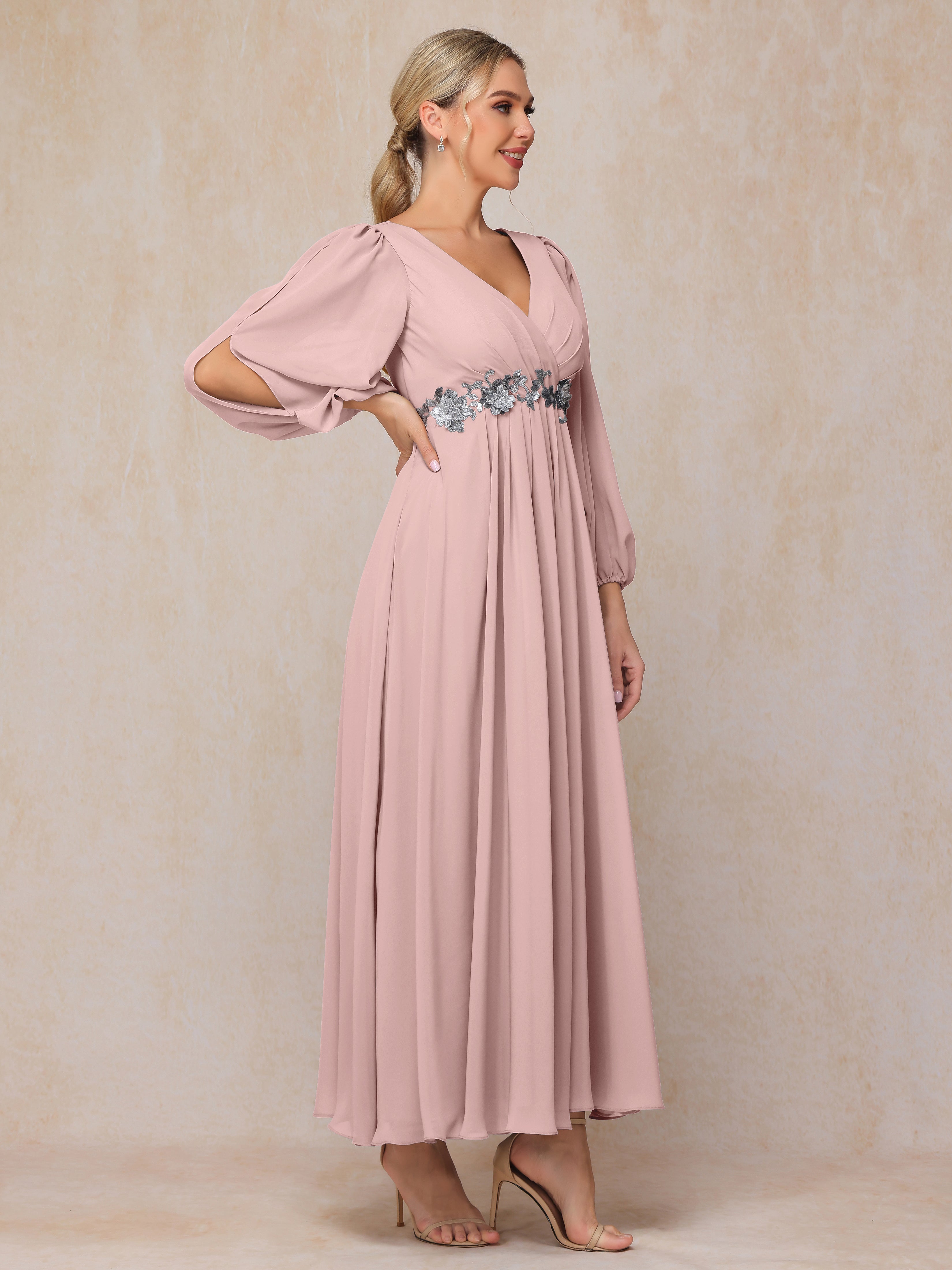 Long Sleeves V Neck Ankle Length Chiffon Mother Of The  Groom Dress