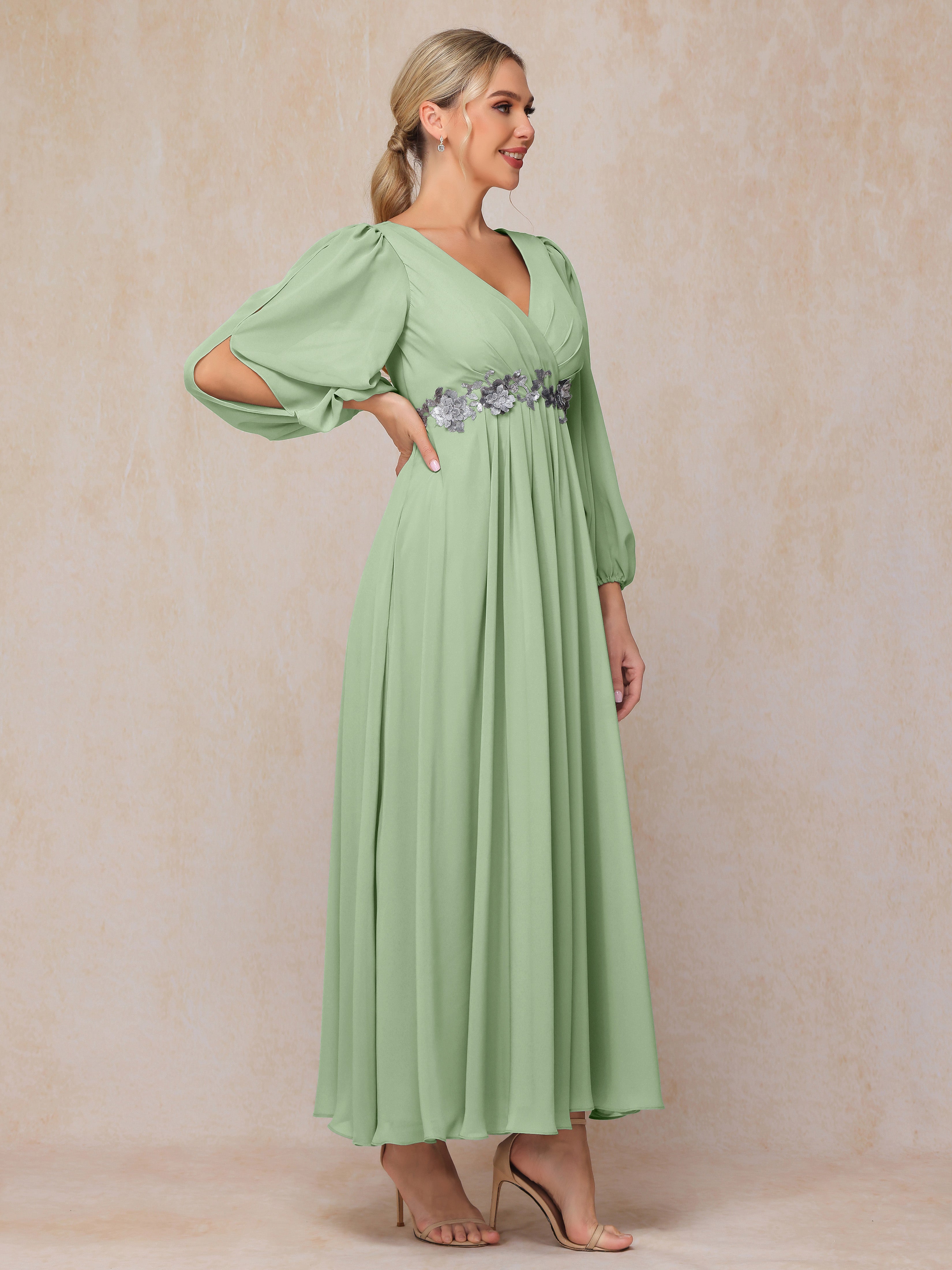 Long Sleeves V Neck Ankle Length Chiffon Wedding Guest Dresses