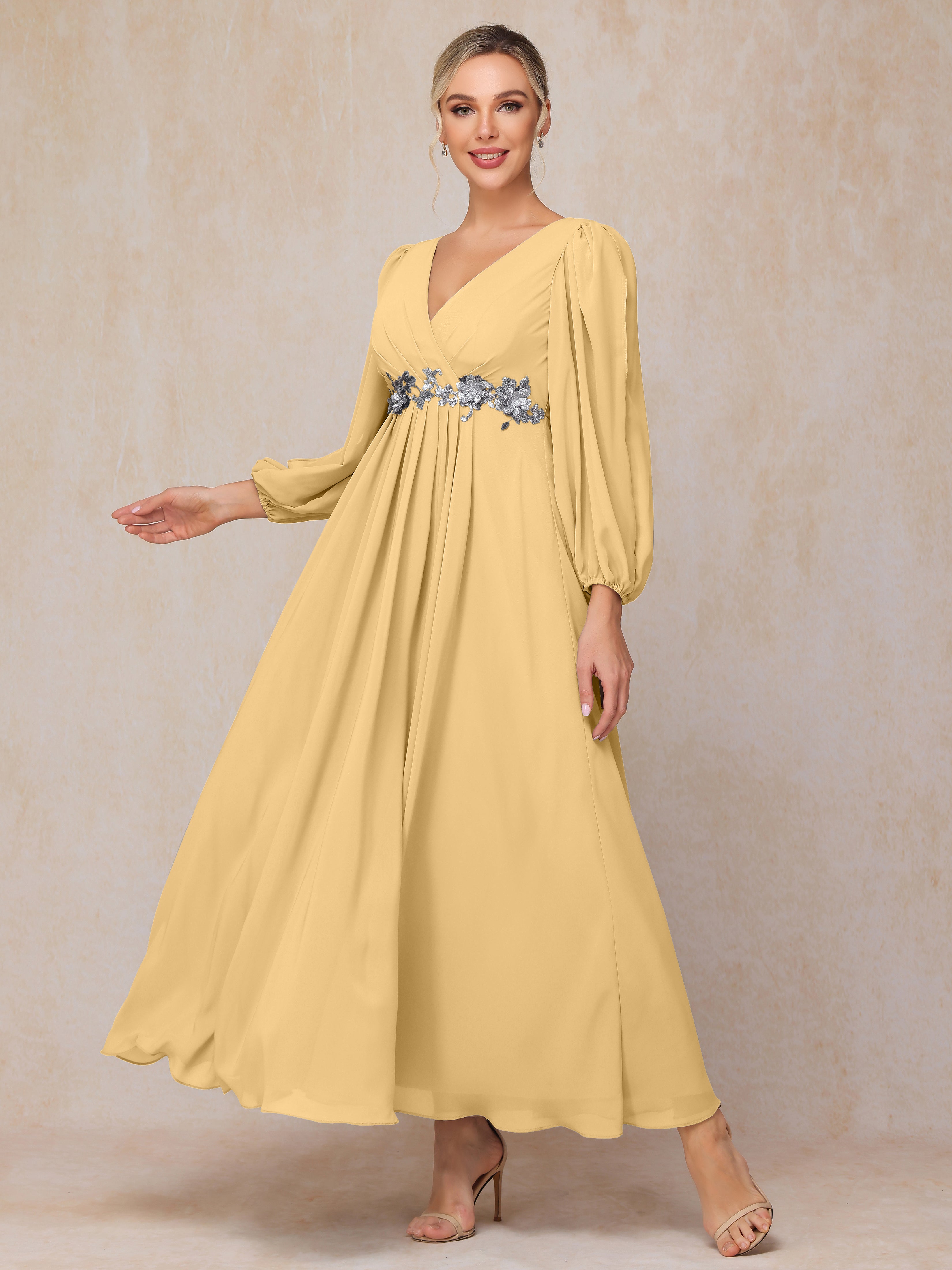 Long Sleeves V Neck Ankle Length Chiffon Mother Of The  Groom Dress