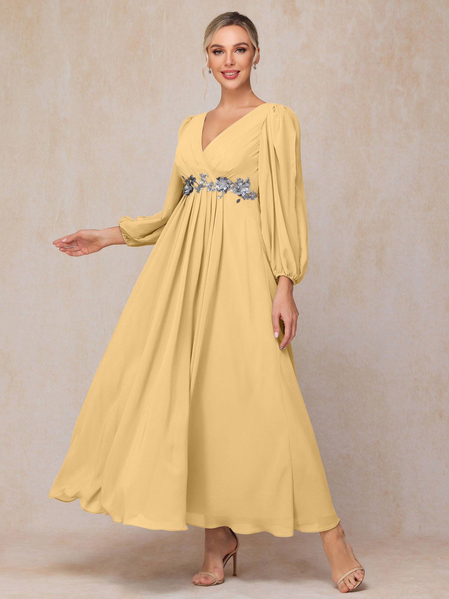 Long Sleeves V Neck Ankle Length Chiffon Wedding Guest Dresses