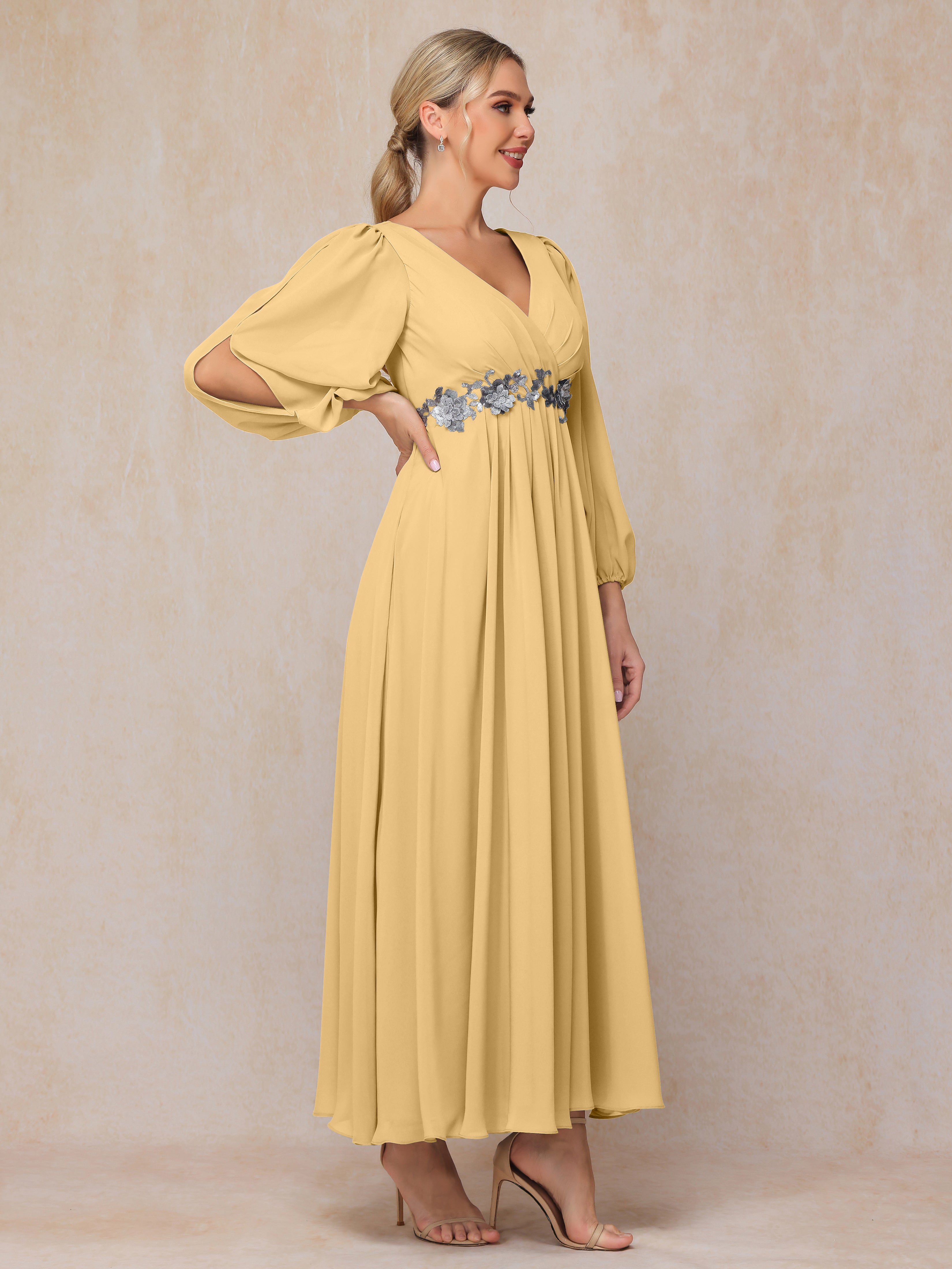 Long Sleeves V Neck Ankle Length Chiffon Mother Of The  Groom Dress