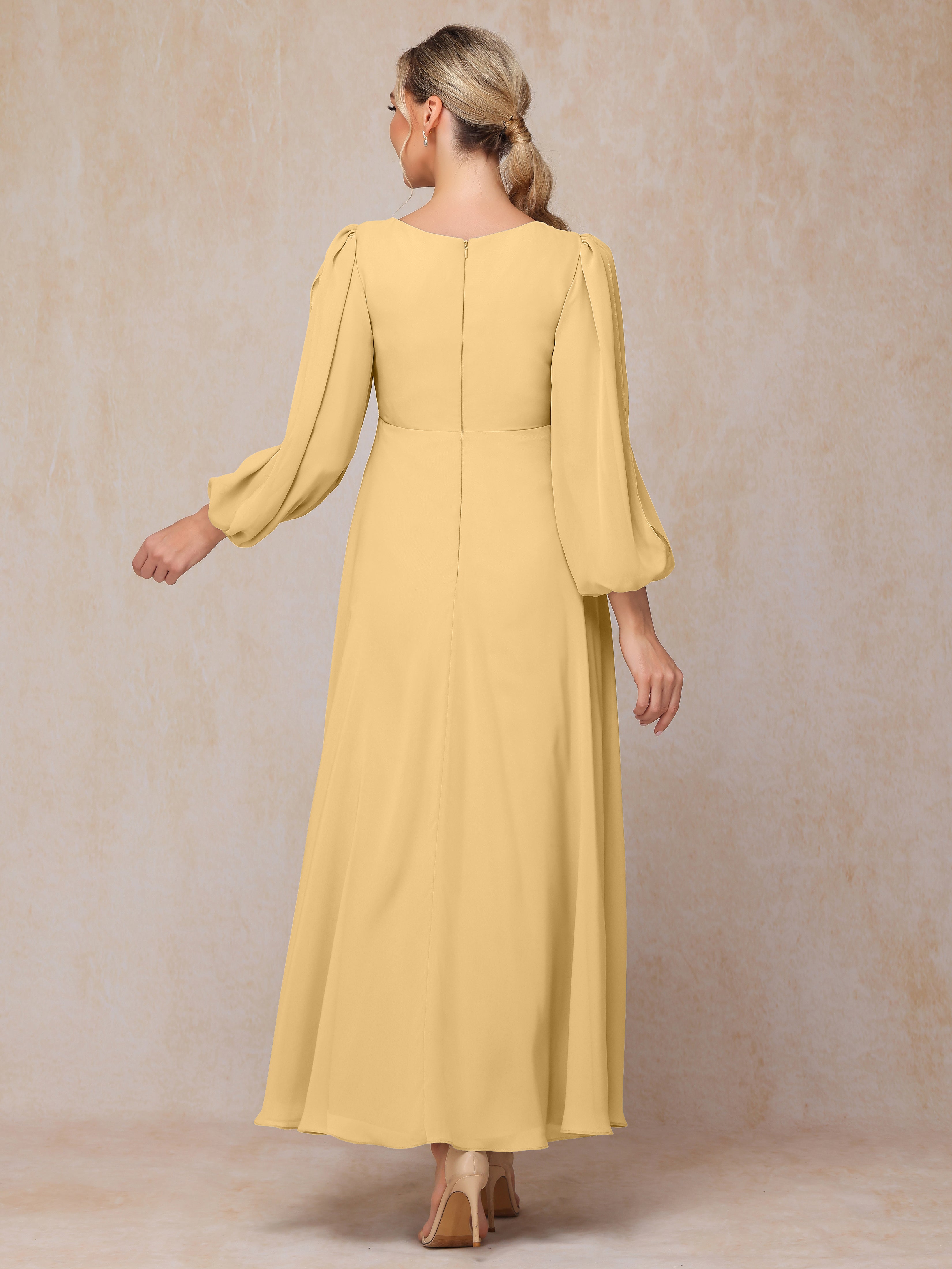 Long Sleeves V Neck Ankle Length Chiffon Wedding Guest Dresses