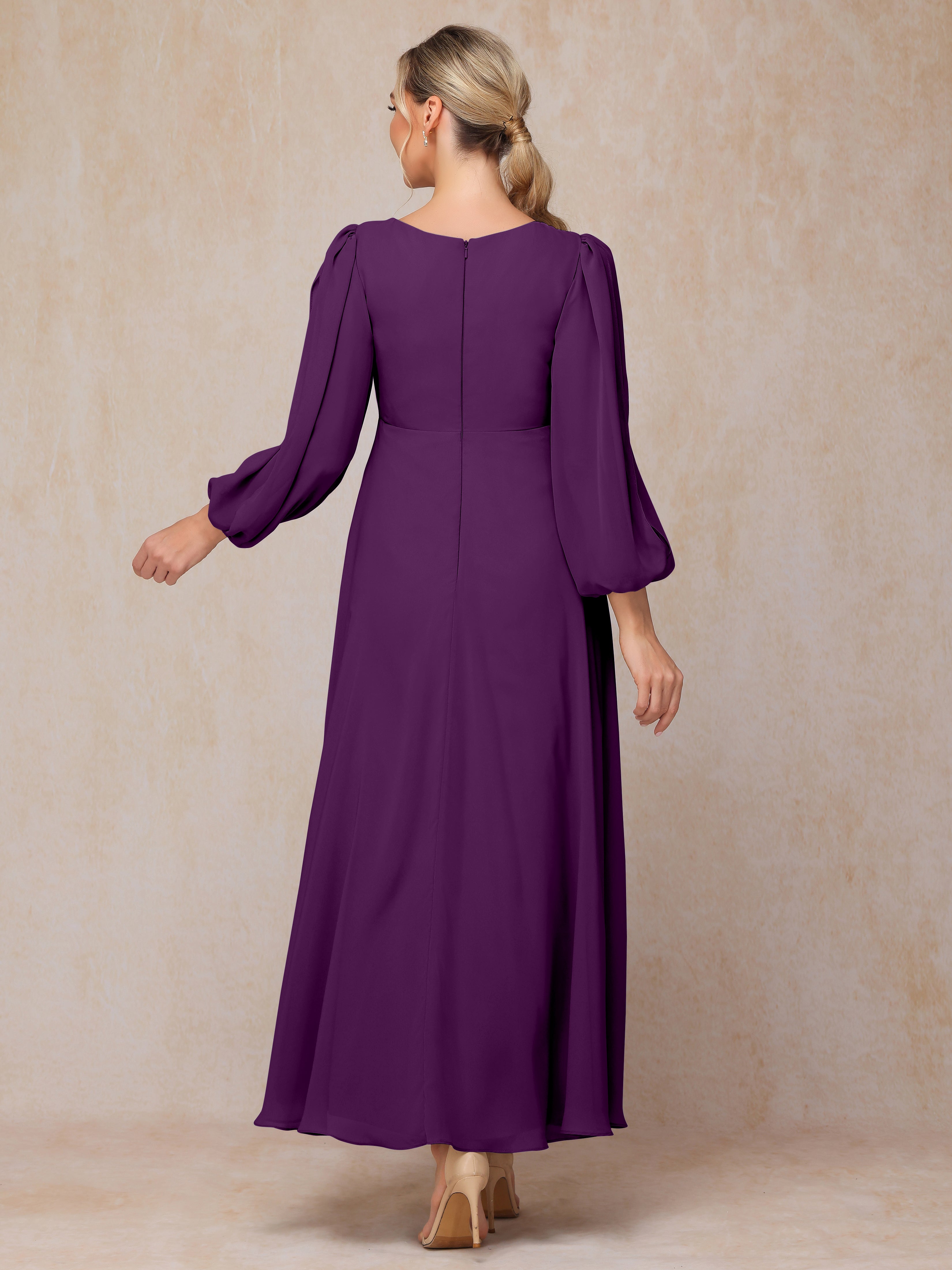 Long Sleeves V Neck Ankle Length Chiffon Wedding Guest Dresses