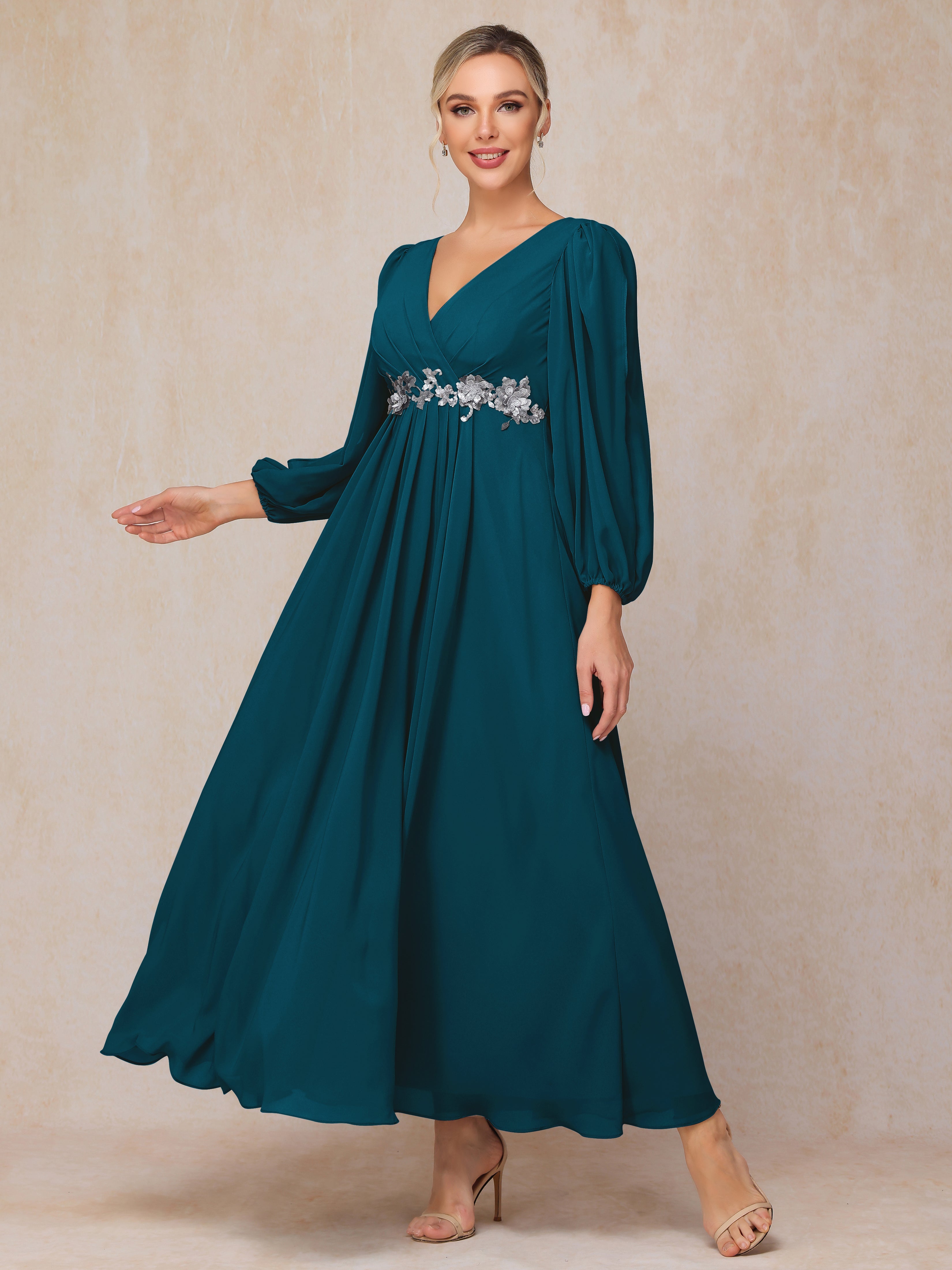 Long Sleeves V Neck Ankle Length Chiffon Mother Of The  Groom Dress