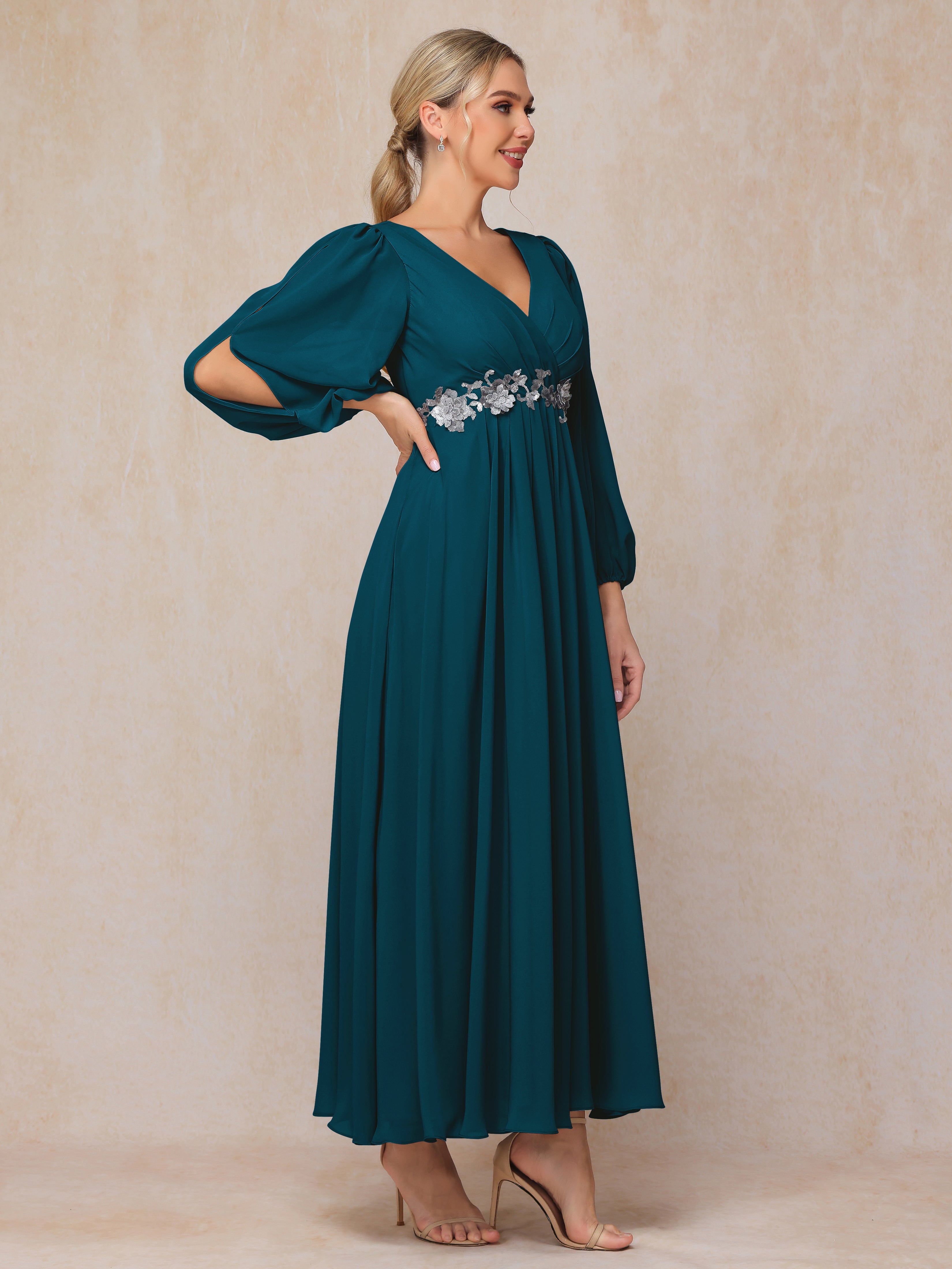 Long Sleeves V Neck Ankle Length Chiffon Mother Of The  Groom Dress