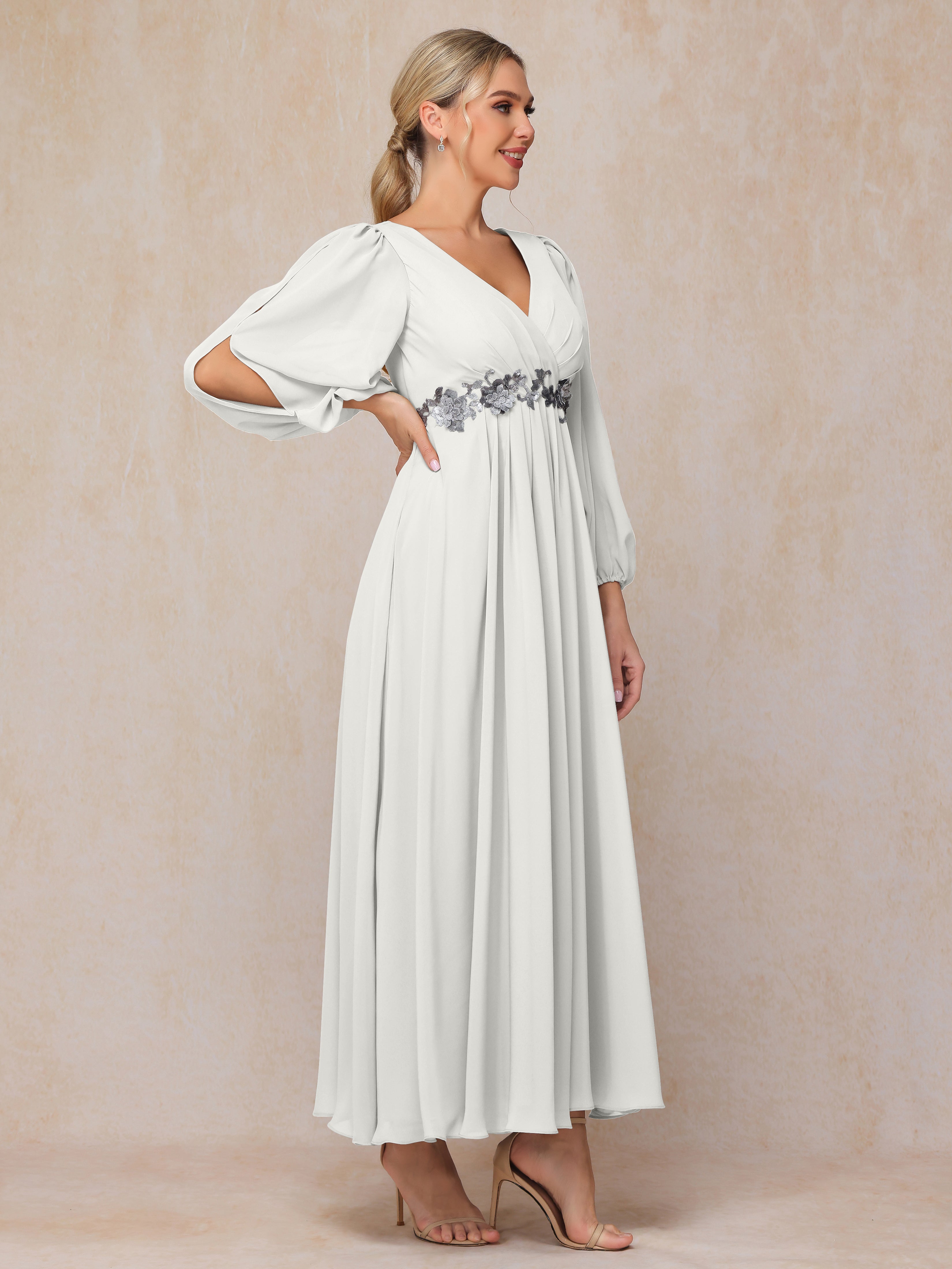 Long Sleeves V Neck Ankle Length Chiffon Mother Of The  Groom Dress