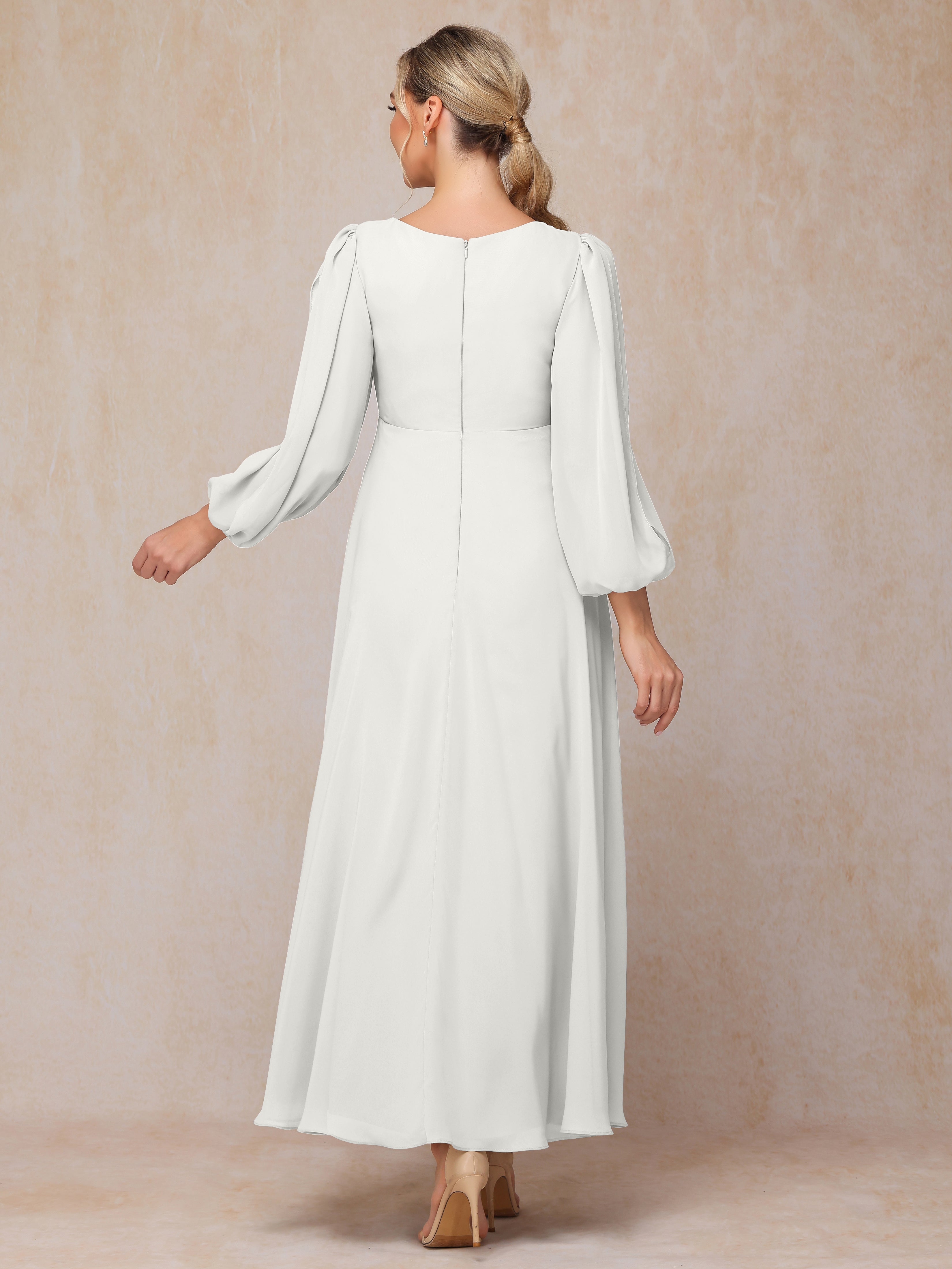 Long Sleeves V Neck Ankle Length Chiffon Wedding Guest Dresses