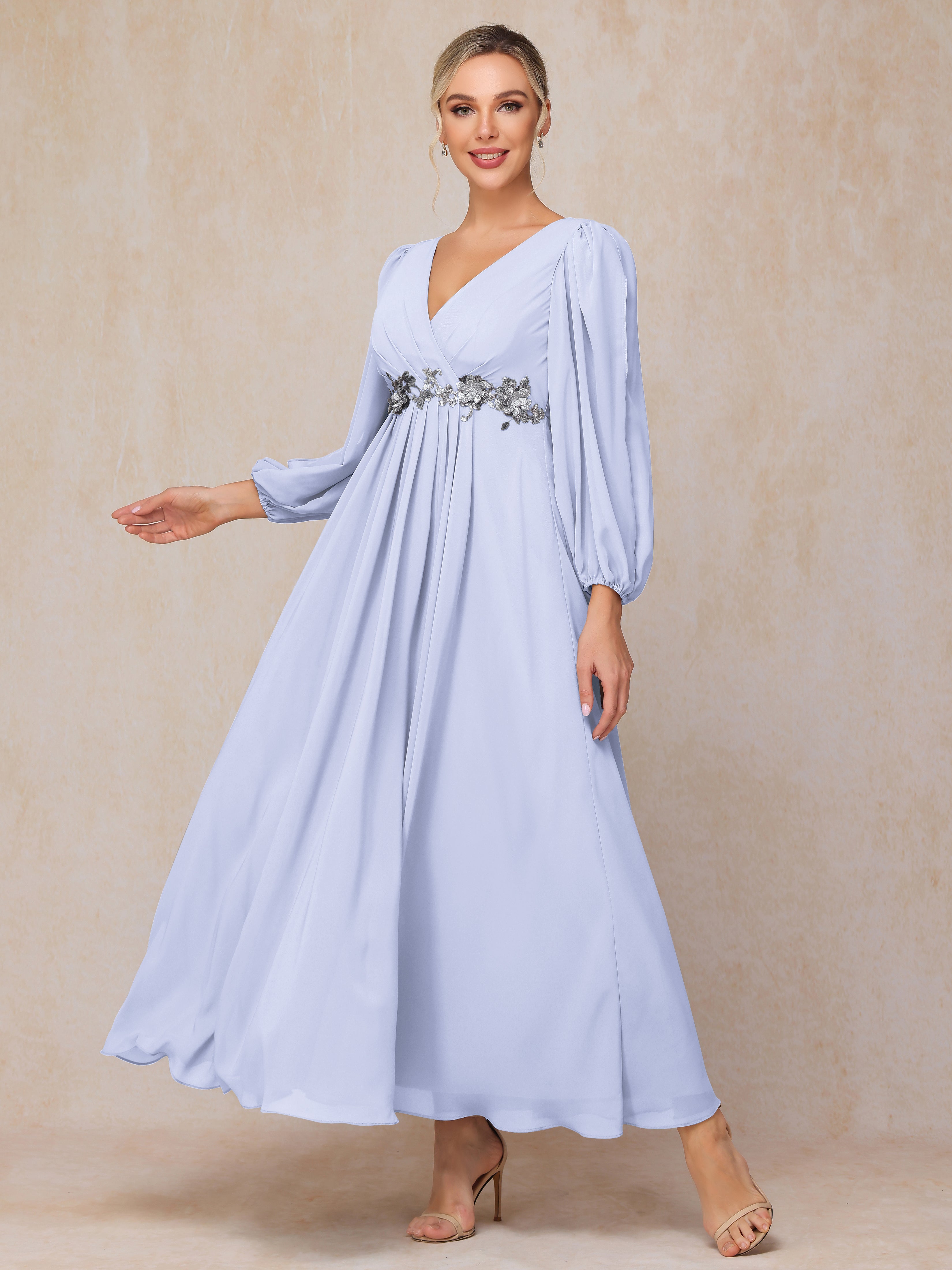 Long Sleeves V Neck Ankle Length Chiffon Wedding Guest Dresses